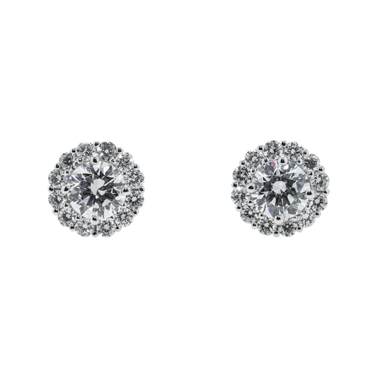 IGI 18K White Gold Round Diamond Stud Earrings w/ Halo 2.96ctw