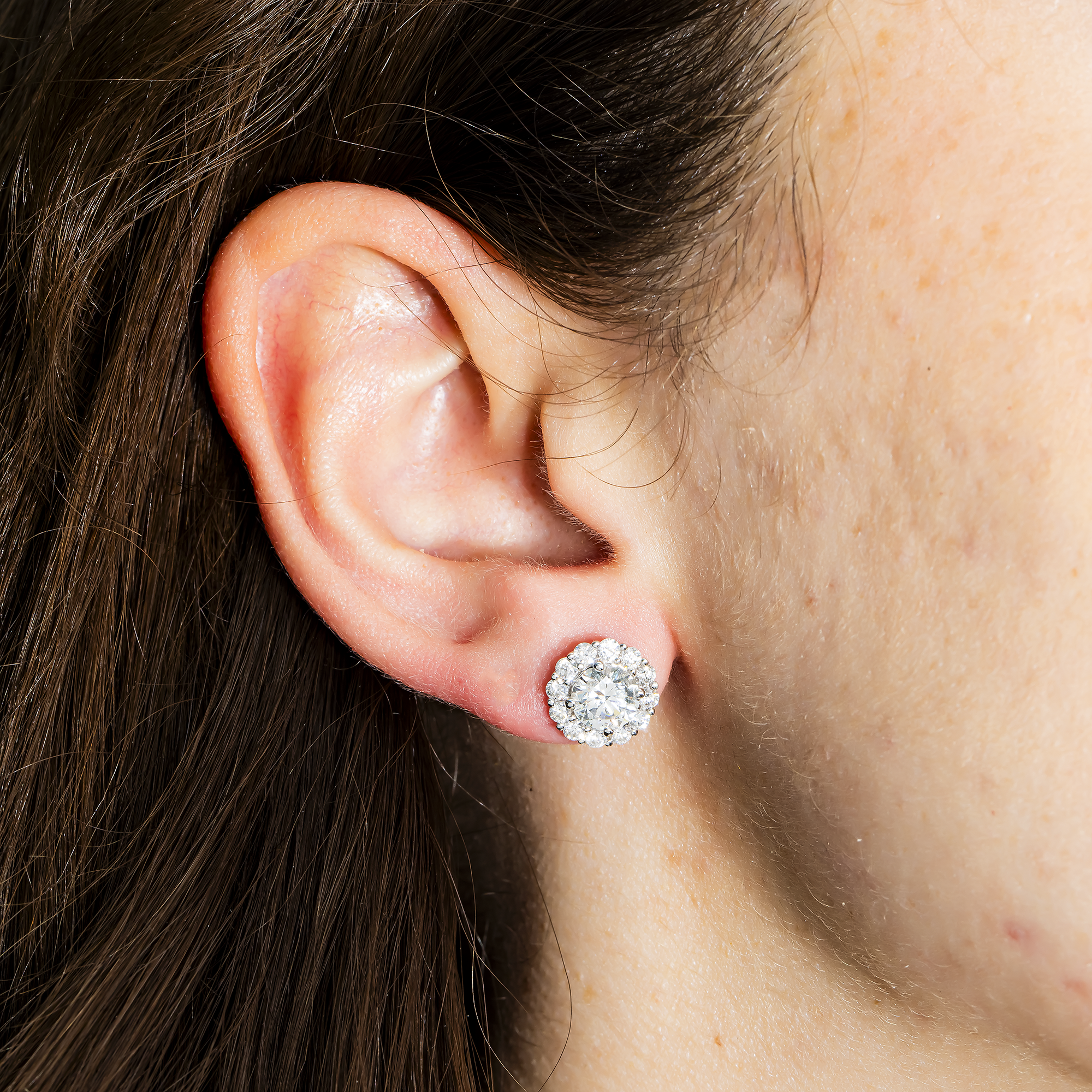 Igi 18K White Gold Round Diamond Stud Earrings W/ Halo 2.96Ctw