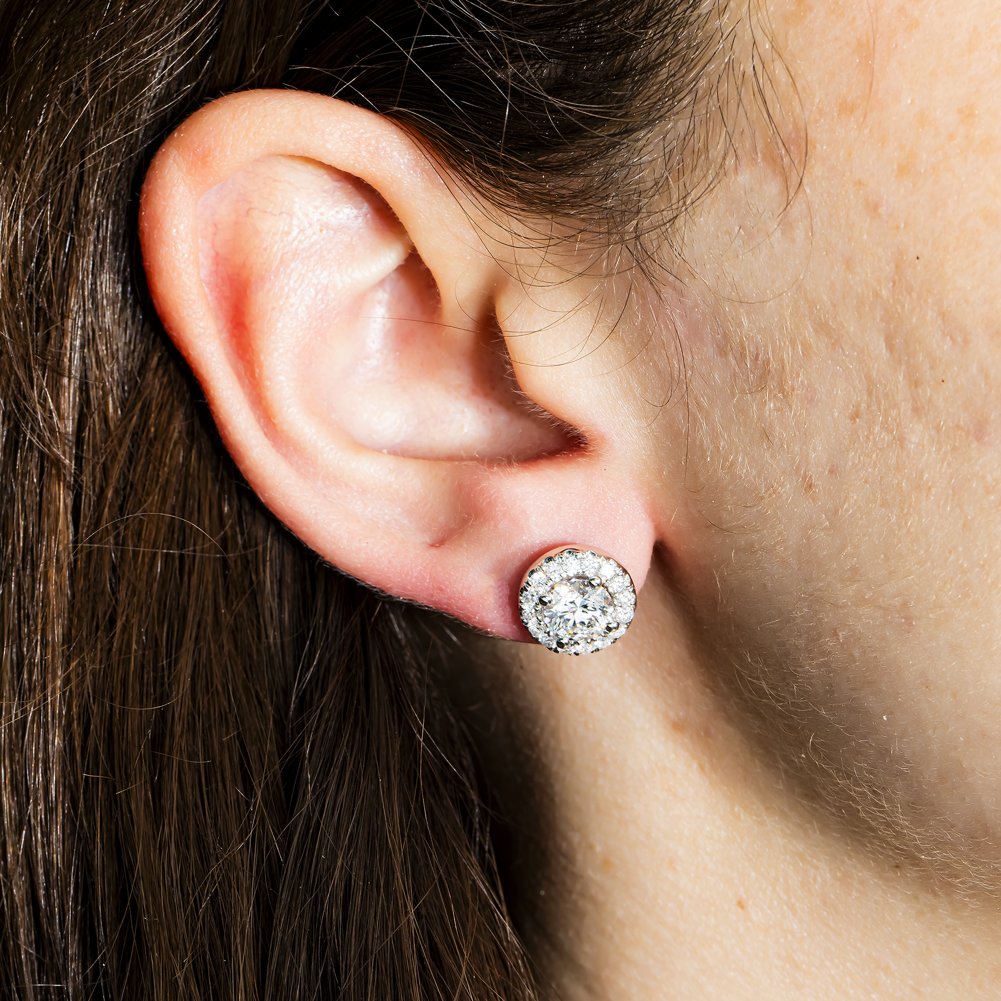 18K White Gold Round Diamond Studs W/ Halo 2.78Ctw Earrings