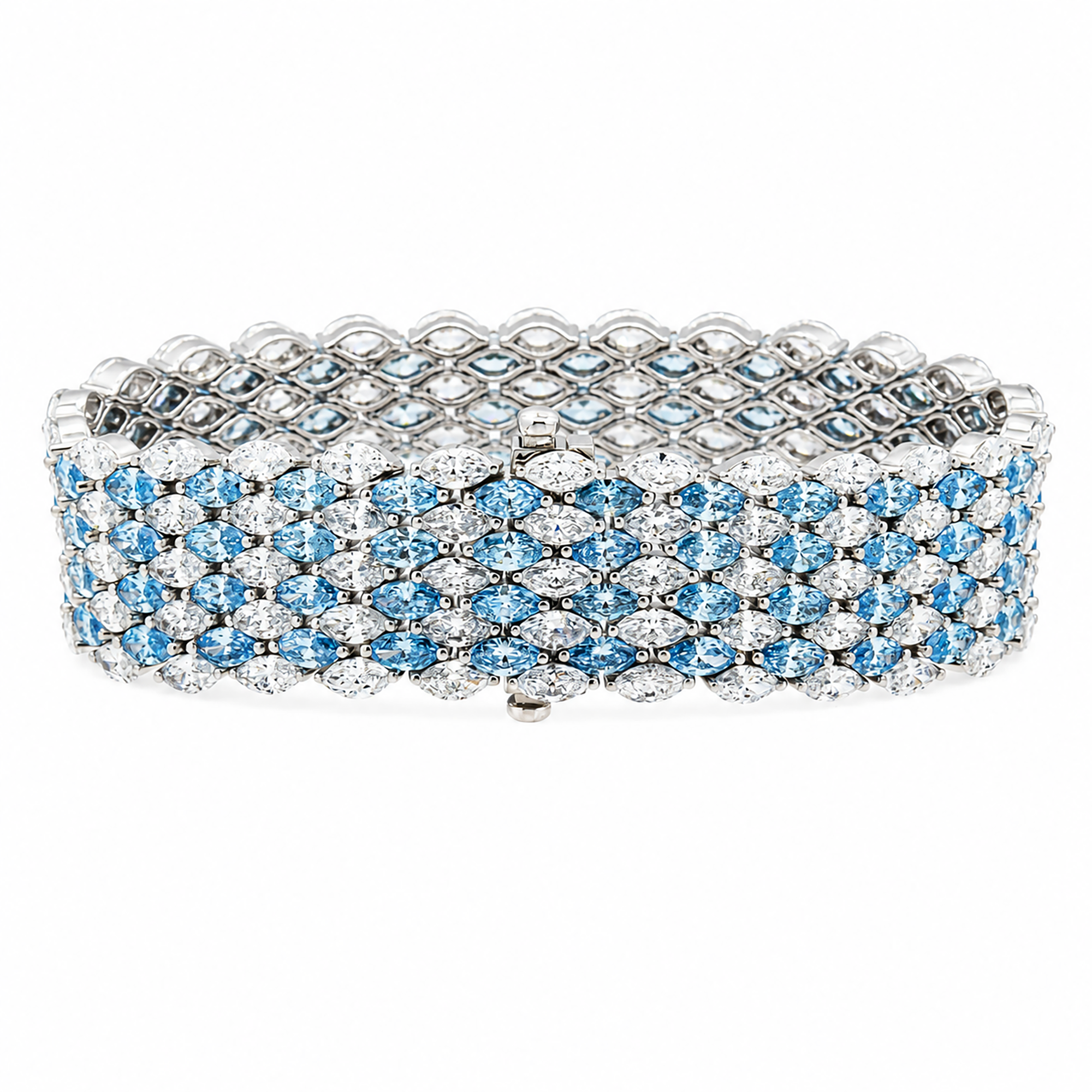 18K White Gold Multi Row Marquise Blue & White Diamond Bracelet 28.06ct