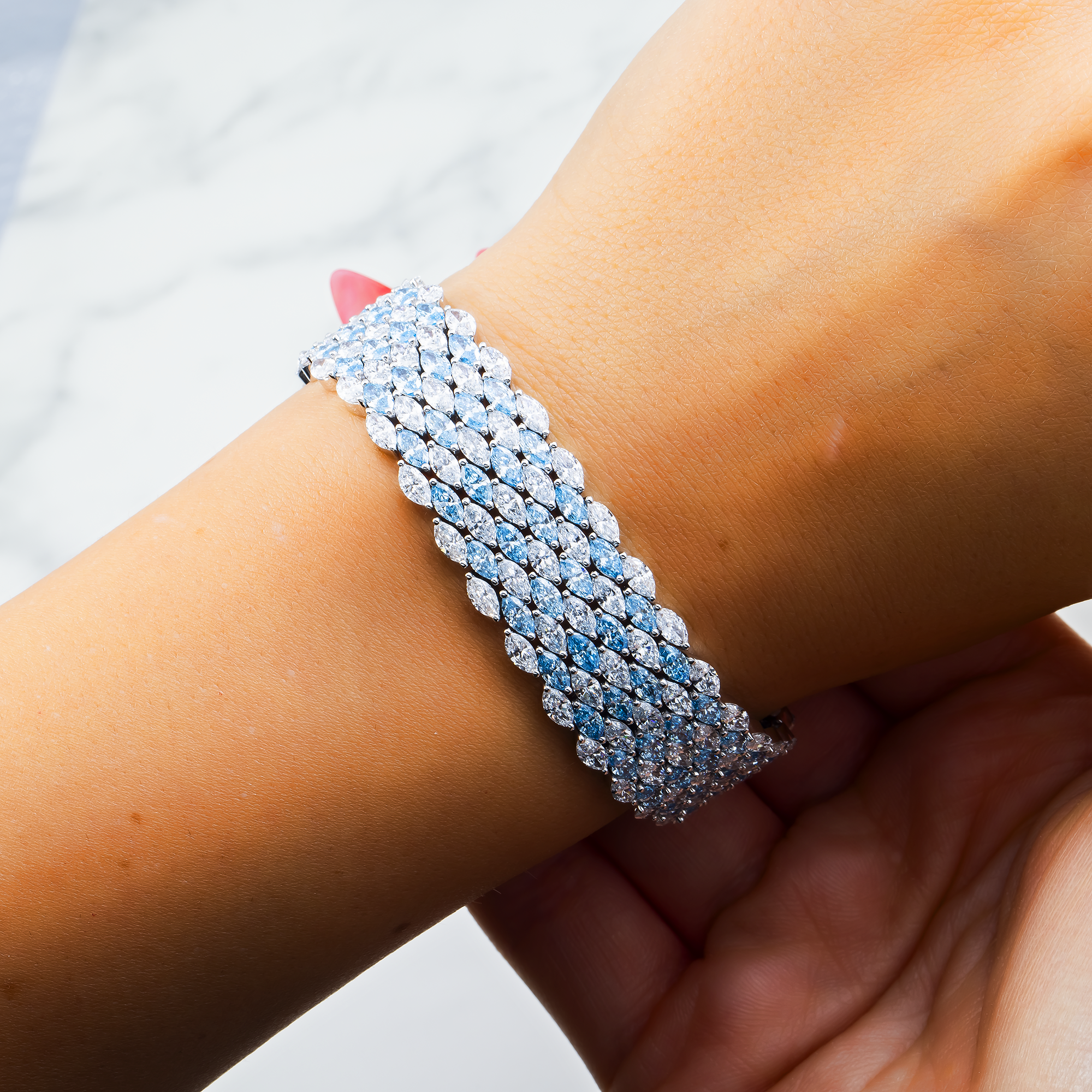 18K White Gold Multi Row Marquise Blue & White Diamond Bracelet 28.06ct