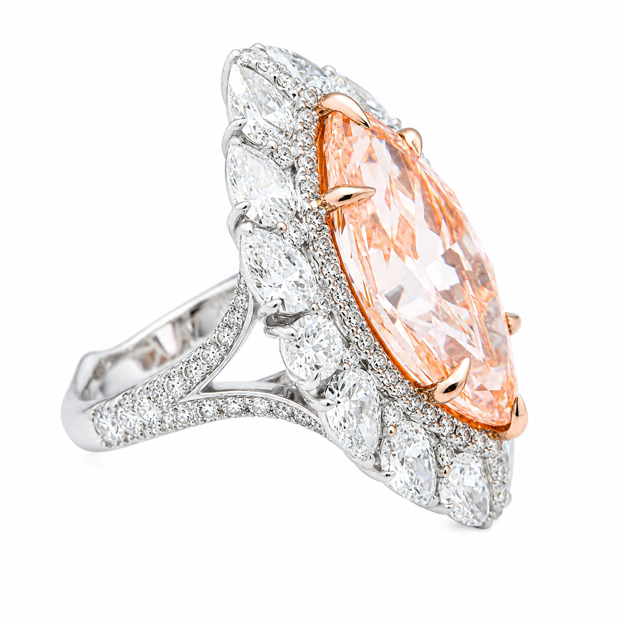 18K White Gold 10.24ct Marquise Fancy Pink Diamond Ring 15.26ctw