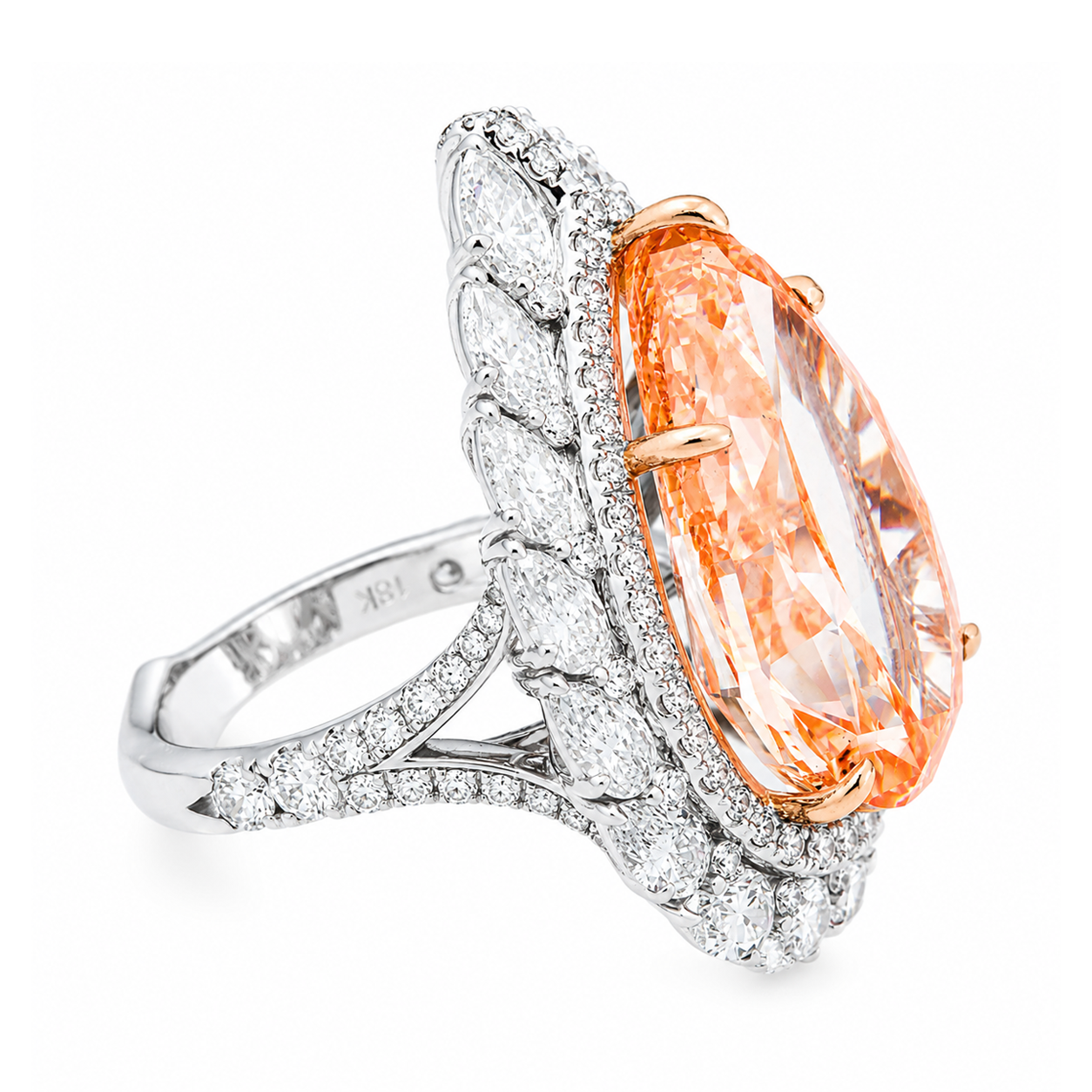 18K White Gold 19.40ct Pear Fancy Pink Diamond Ring 23.80ctw