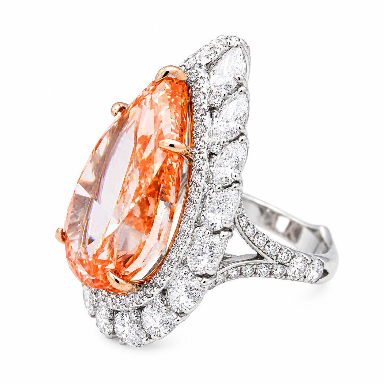 18K White Gold 19.40ct Pear Fancy Pink Diamond Ring 23.80ctw