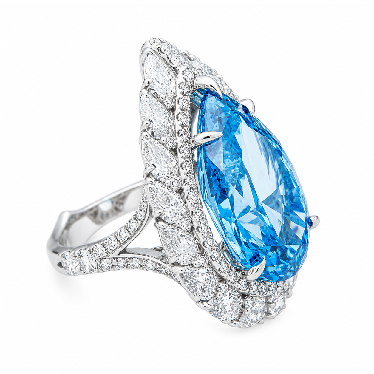18K White Gold 14.64ct Pear Fancy Blue Diamond Ring 18.79ctw
