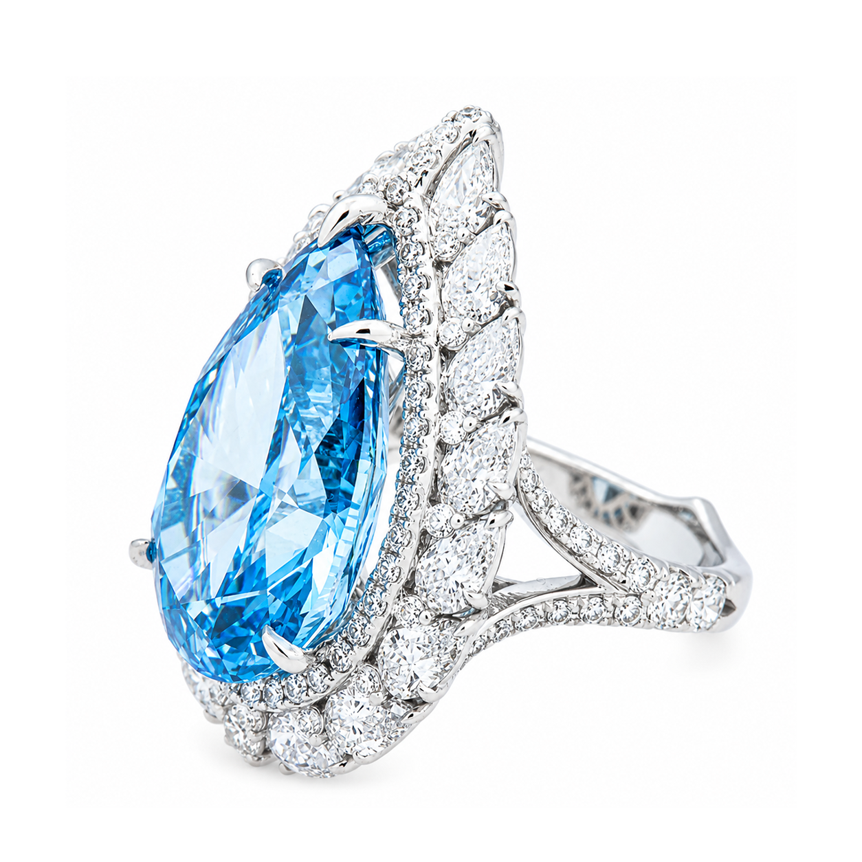 18K White Gold 14.64ct Pear Fancy Blue Diamond Ring 18.79ctw