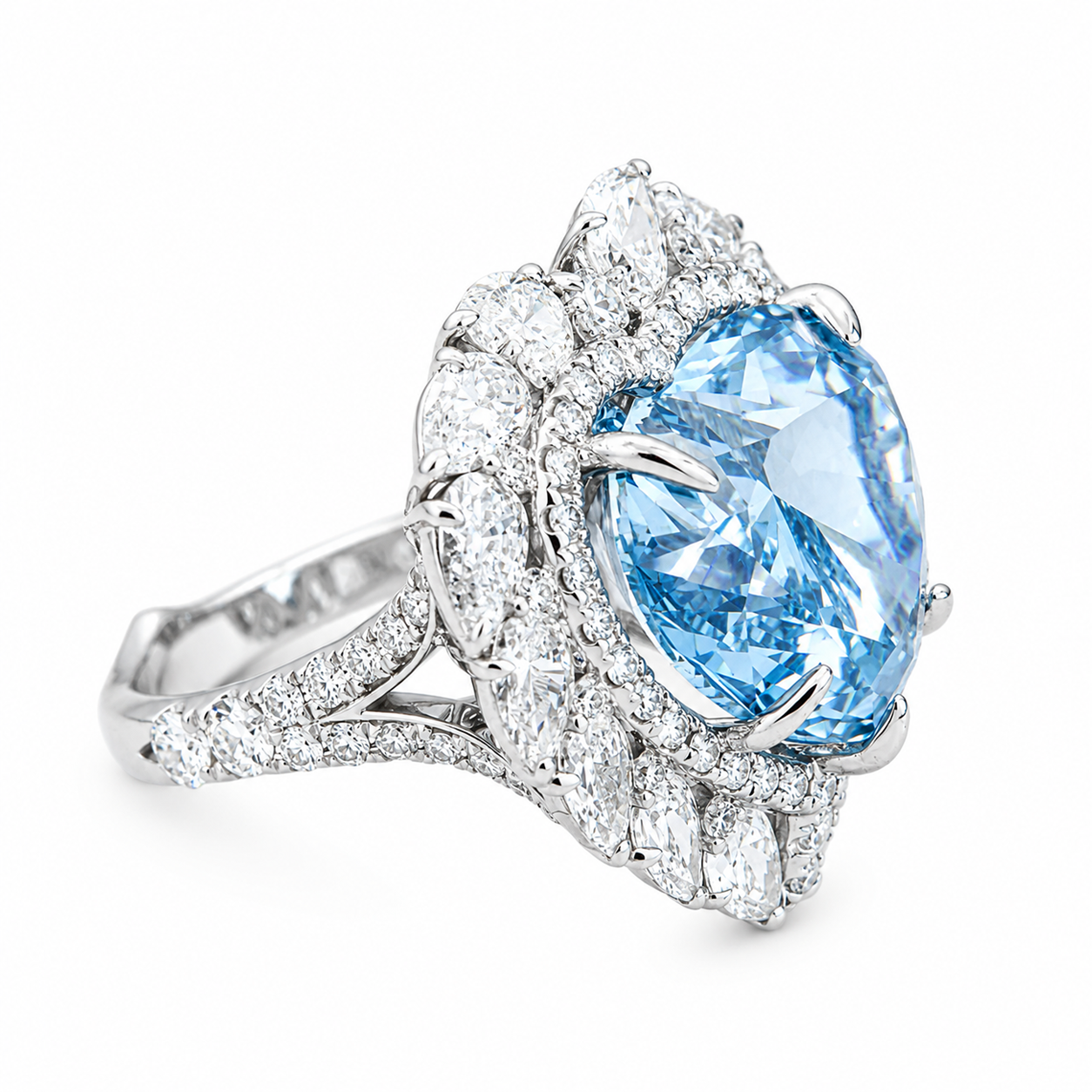 18K White Gold 10.27ct Heart Fancy Blue Diamond Ring 14.12ctw