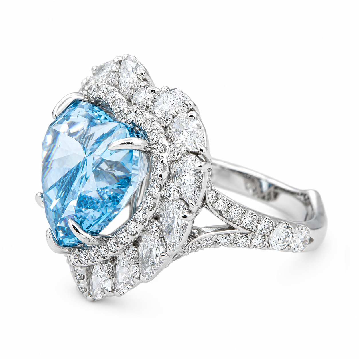 18K White Gold 10.27ct Heart Fancy Blue Diamond Ring 14.12ctw