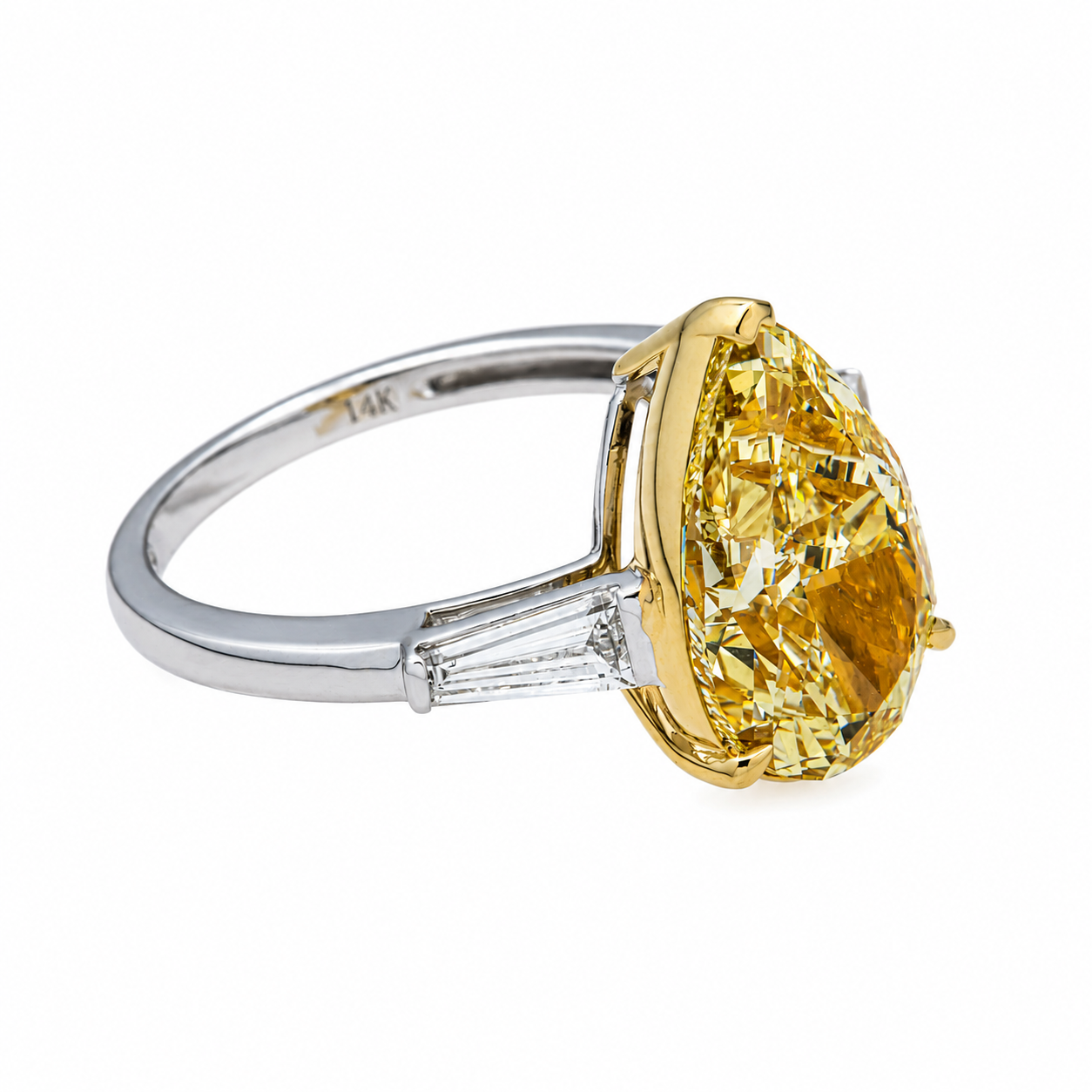 14K White Gold 5.22ct Pear Fancy Yellow Diamond Ring 5.72ctw