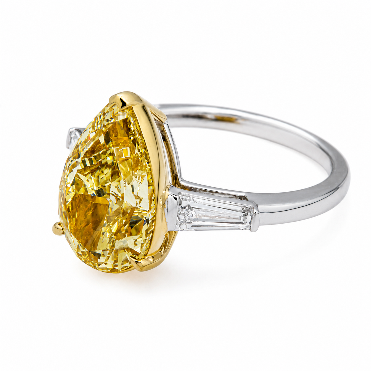 14K White Gold 5.22ct Pear Fancy Yellow Diamond Ring 5.72ctw