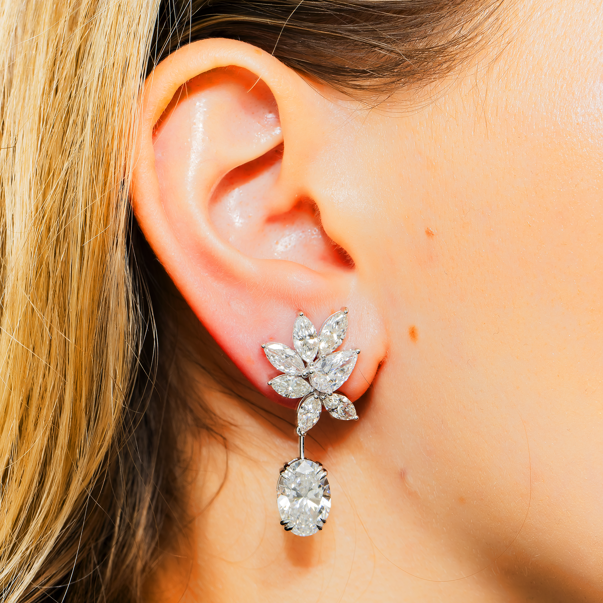 Falling Petal - 14K White Gold Diamond Drop Earrings 13.88ctw