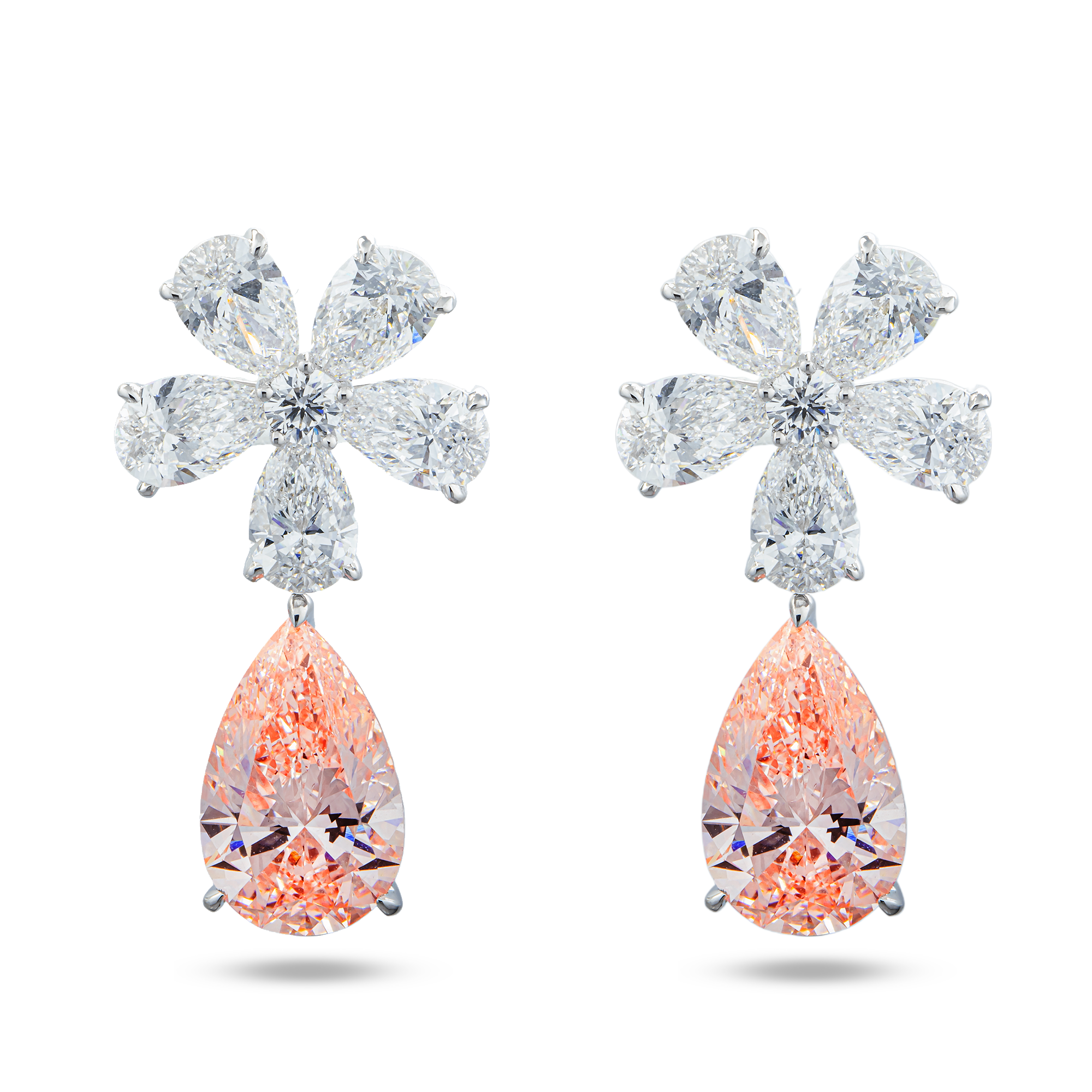 18K White Gold Pear Fancy Pink Flower Drop Earrings 17.97ctw