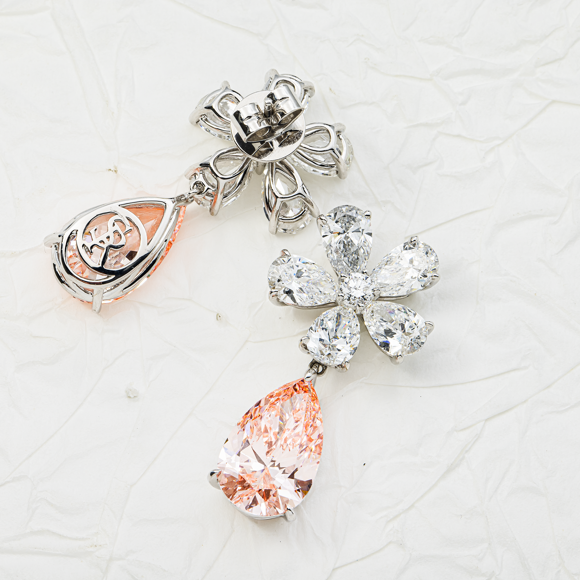18K White Gold Pear Fancy Pink Flower Drop Earrings 17.97ctw