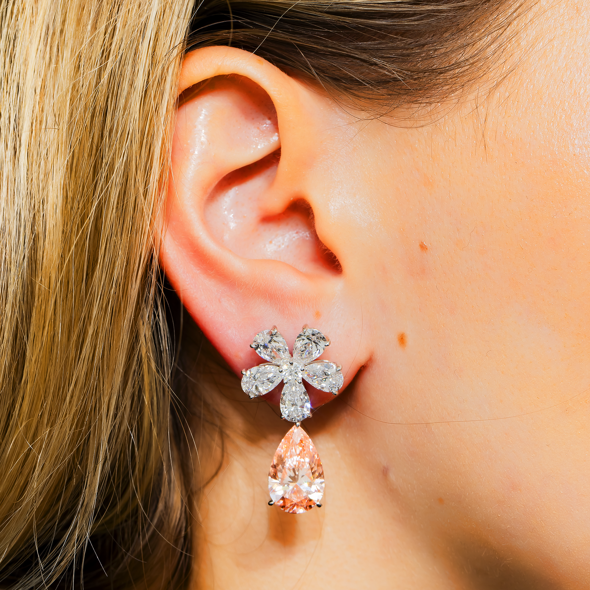18K White Gold Pear Fancy Pink Flower Drop Earrings 17.97ctw