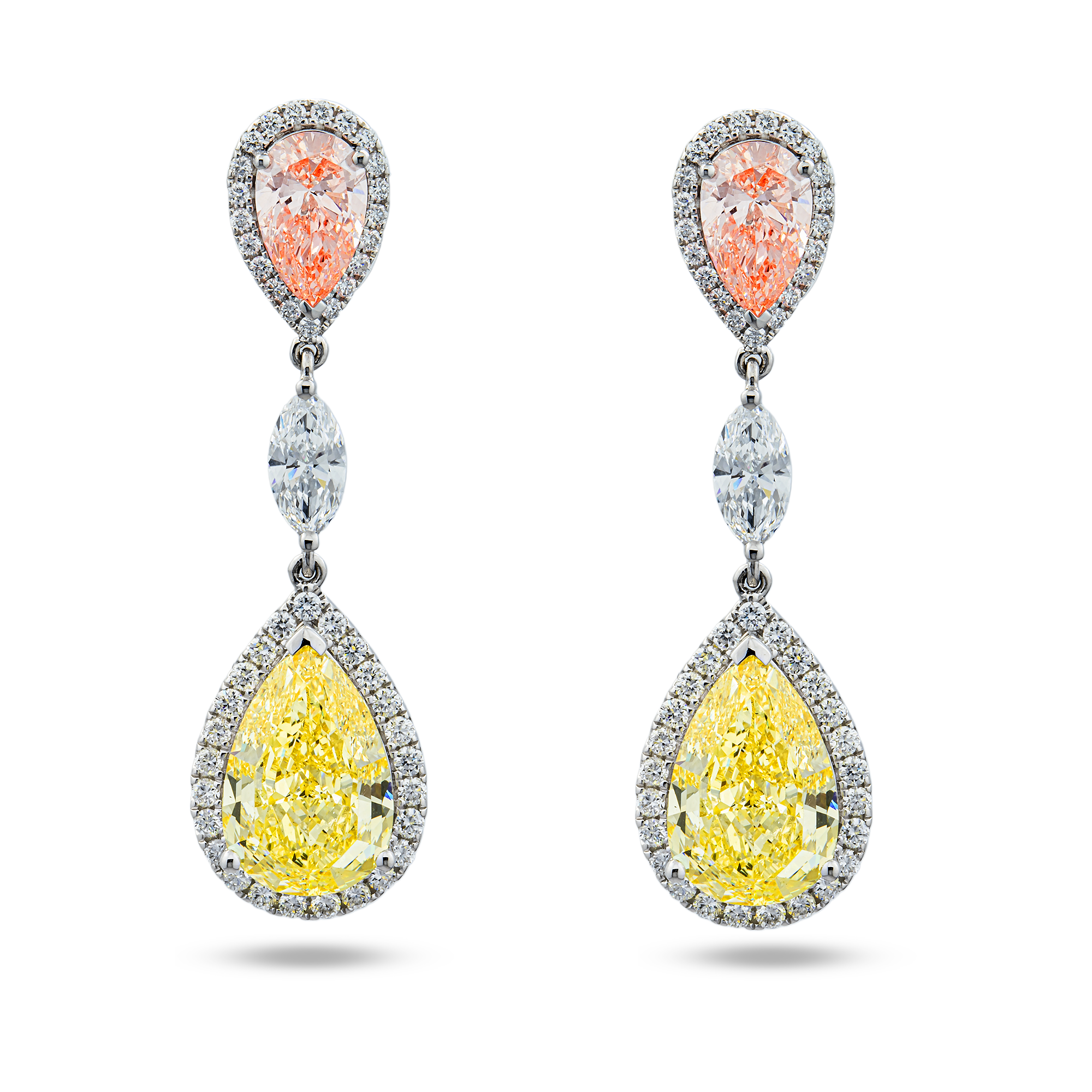 18K White Gold Pear Fancy Pink & Yellow Diamond Drop Earrings 14.35ctw