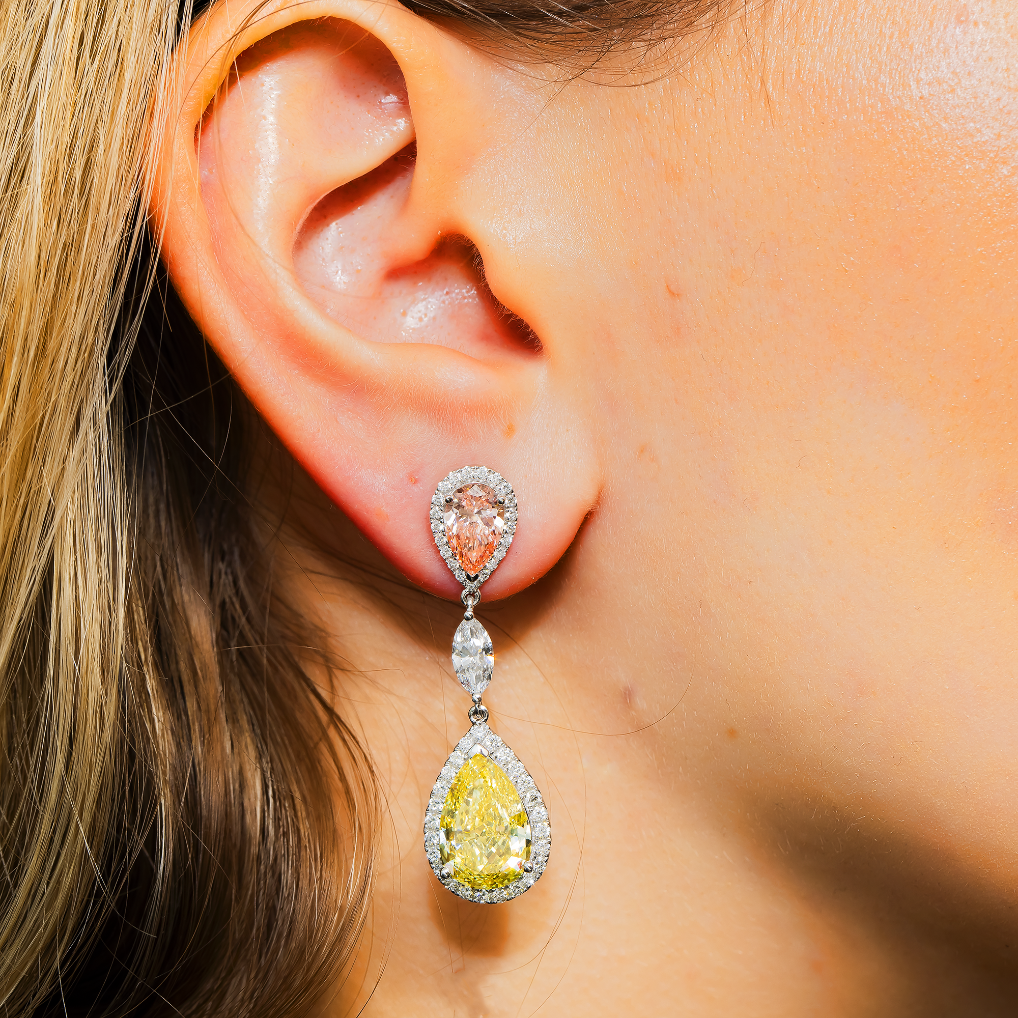 18K White Gold Pear Fancy Pink & Yellow Diamond Drop Earrings 14.35ctw