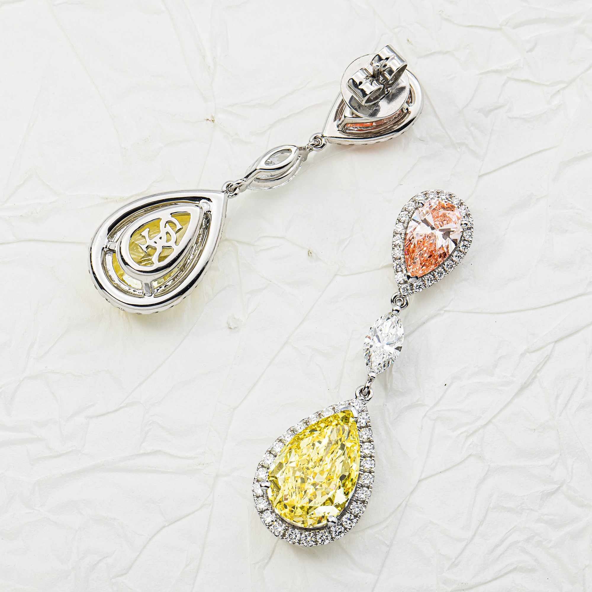 18K White Gold Pear Fancy Pink & Yellow Diamond Drop Earrings 14.35ctw