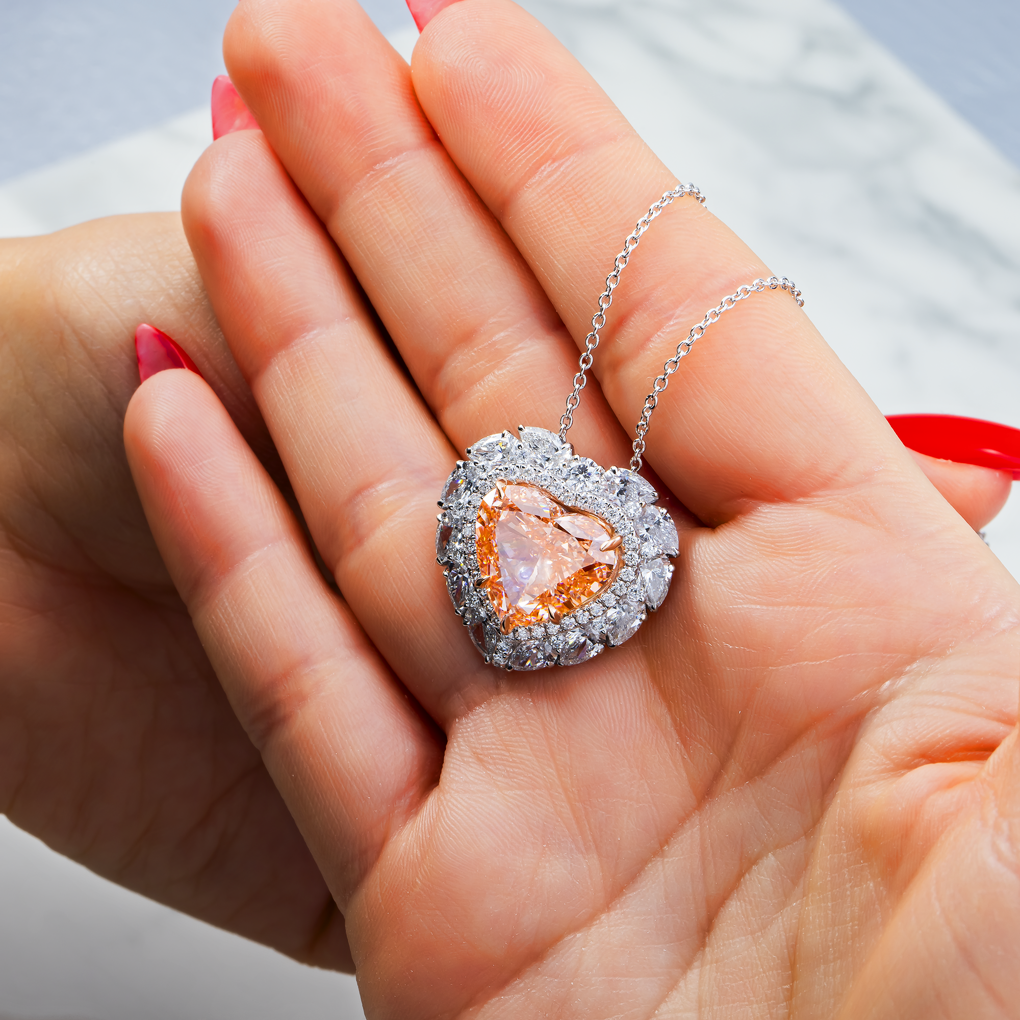 IGI 18K White Gold Heart Fancy Pink Diamond Pendant & Chain Necklace 14.09ctw