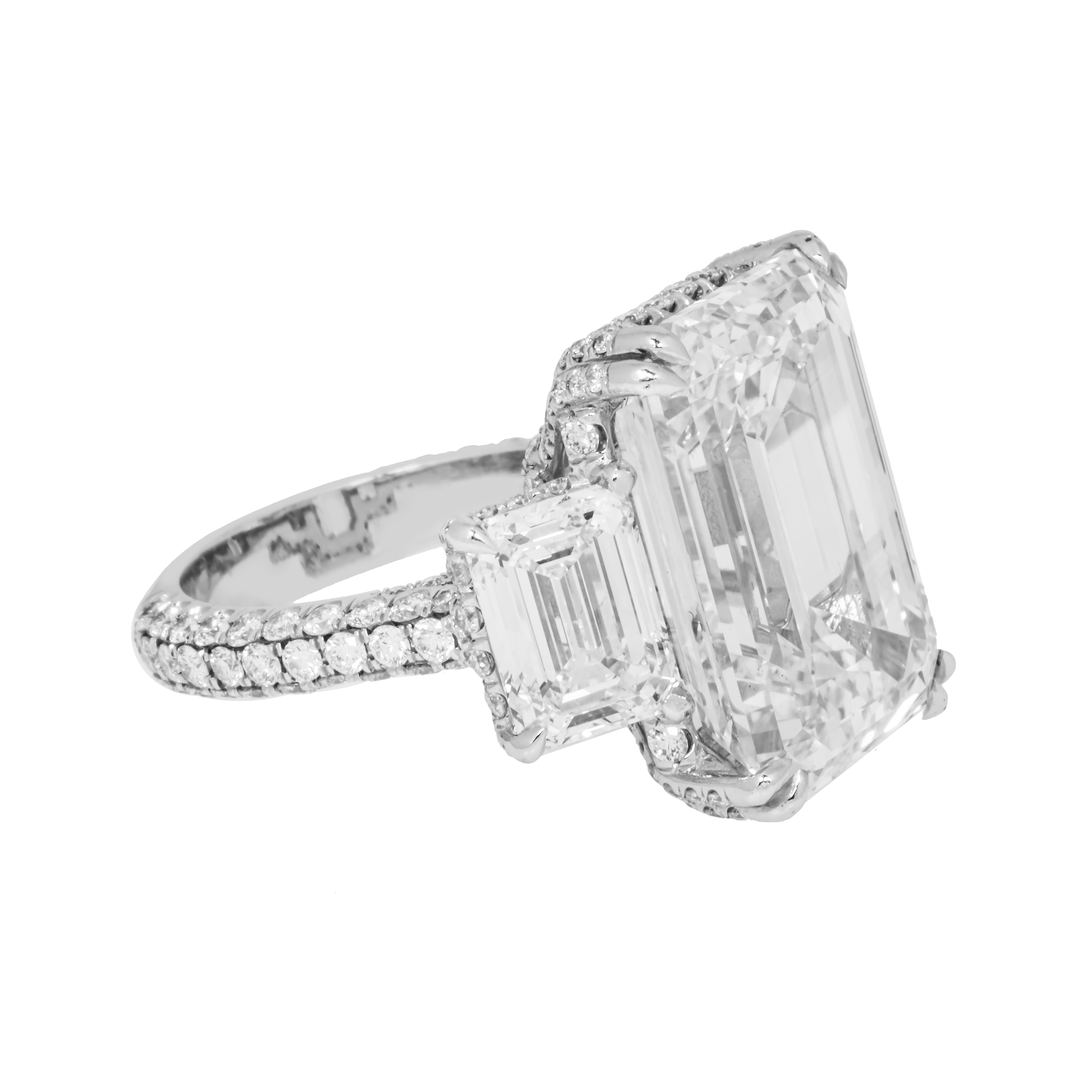 Gia Platinum 18Ct Triple Emerald Cut Diamond Engagement Ring 24.42Ctw Bridal