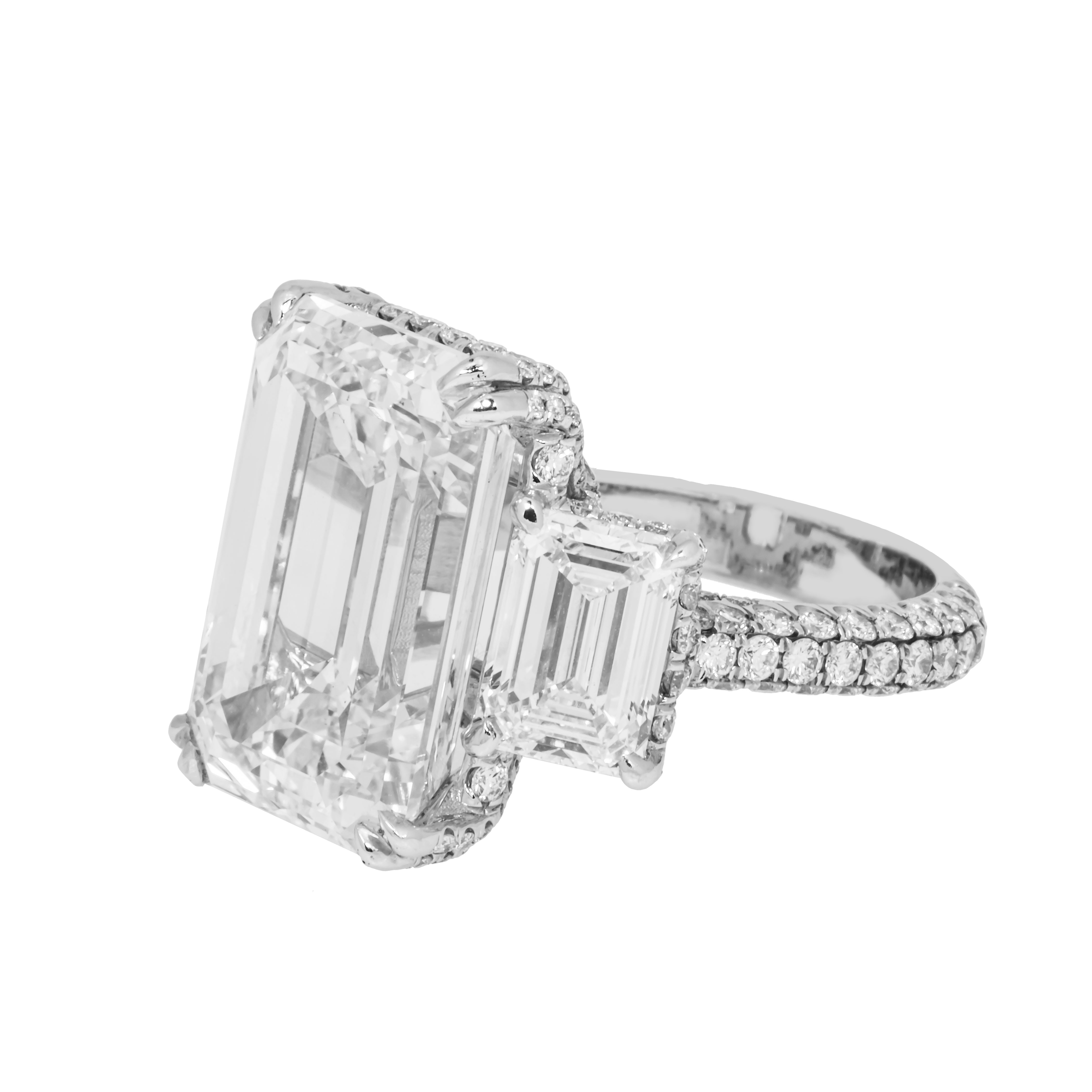 Gia Platinum 18Ct Triple Emerald Cut Diamond Engagement Ring 24.42Ctw Bridal
