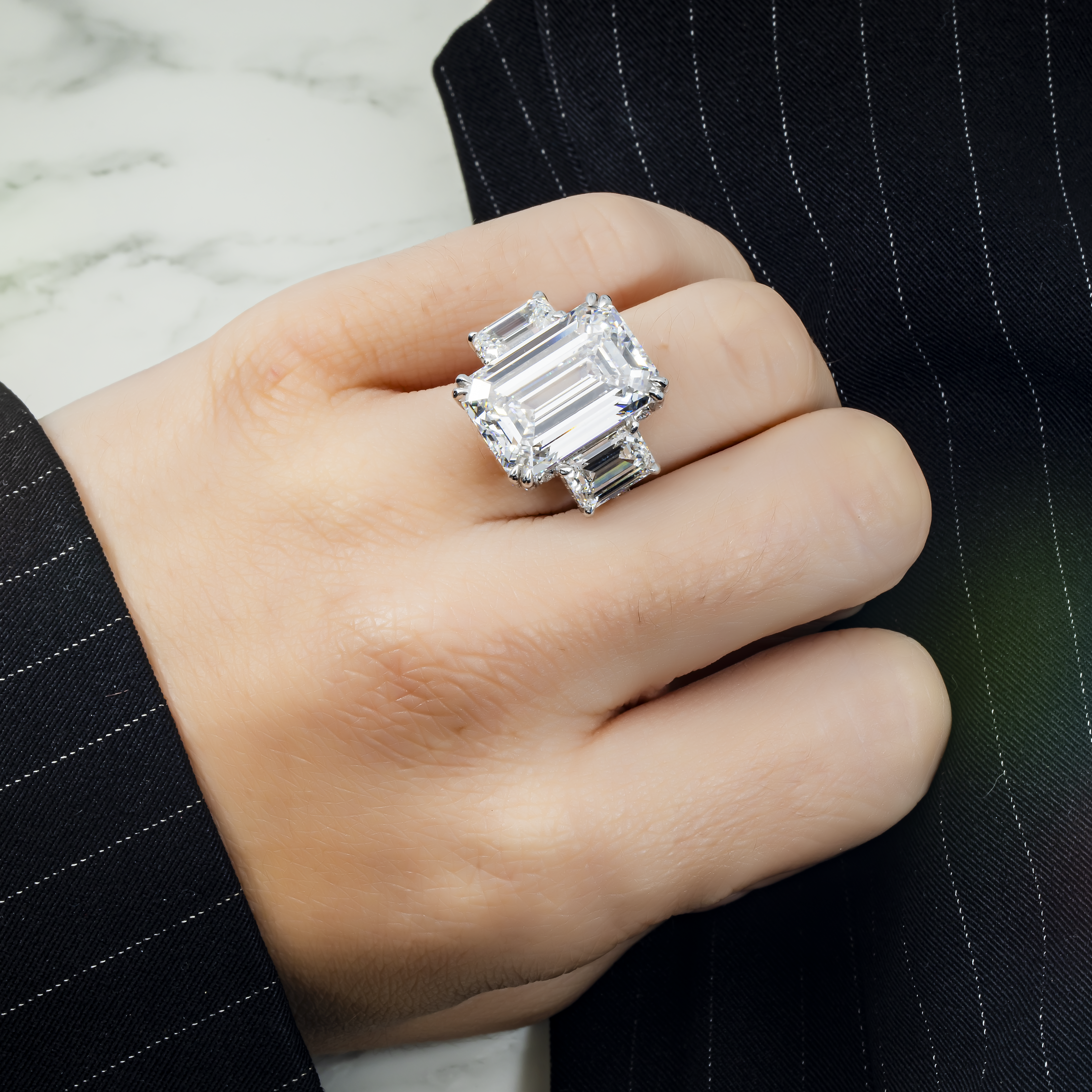 Gia Platinum 18Ct Triple Emerald Cut Diamond Engagement Ring 24.42Ctw Bridal