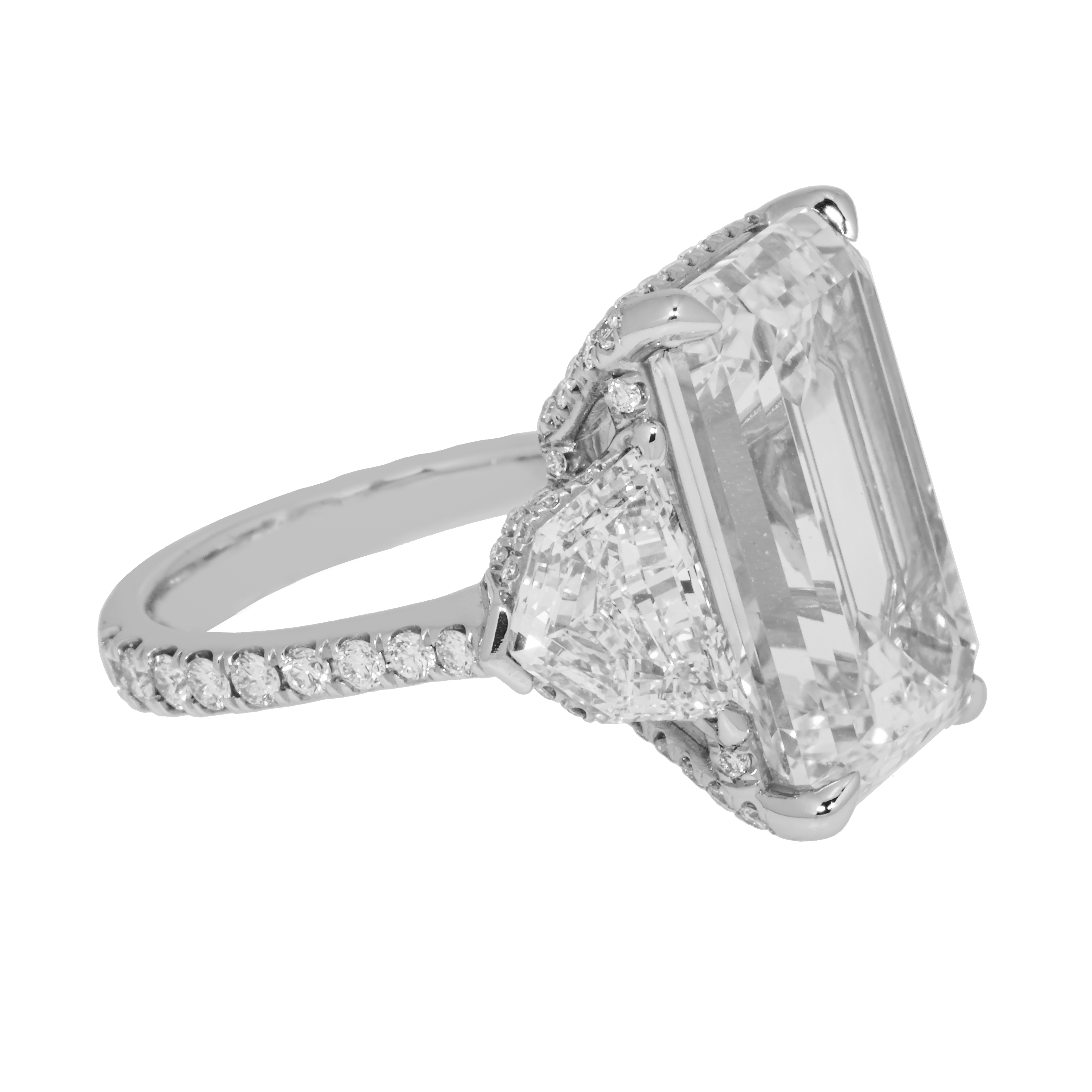 Platinum 14.07Ct Emerald Cut Triple Diamond Engagement Ring 18.08Ctw Bridal