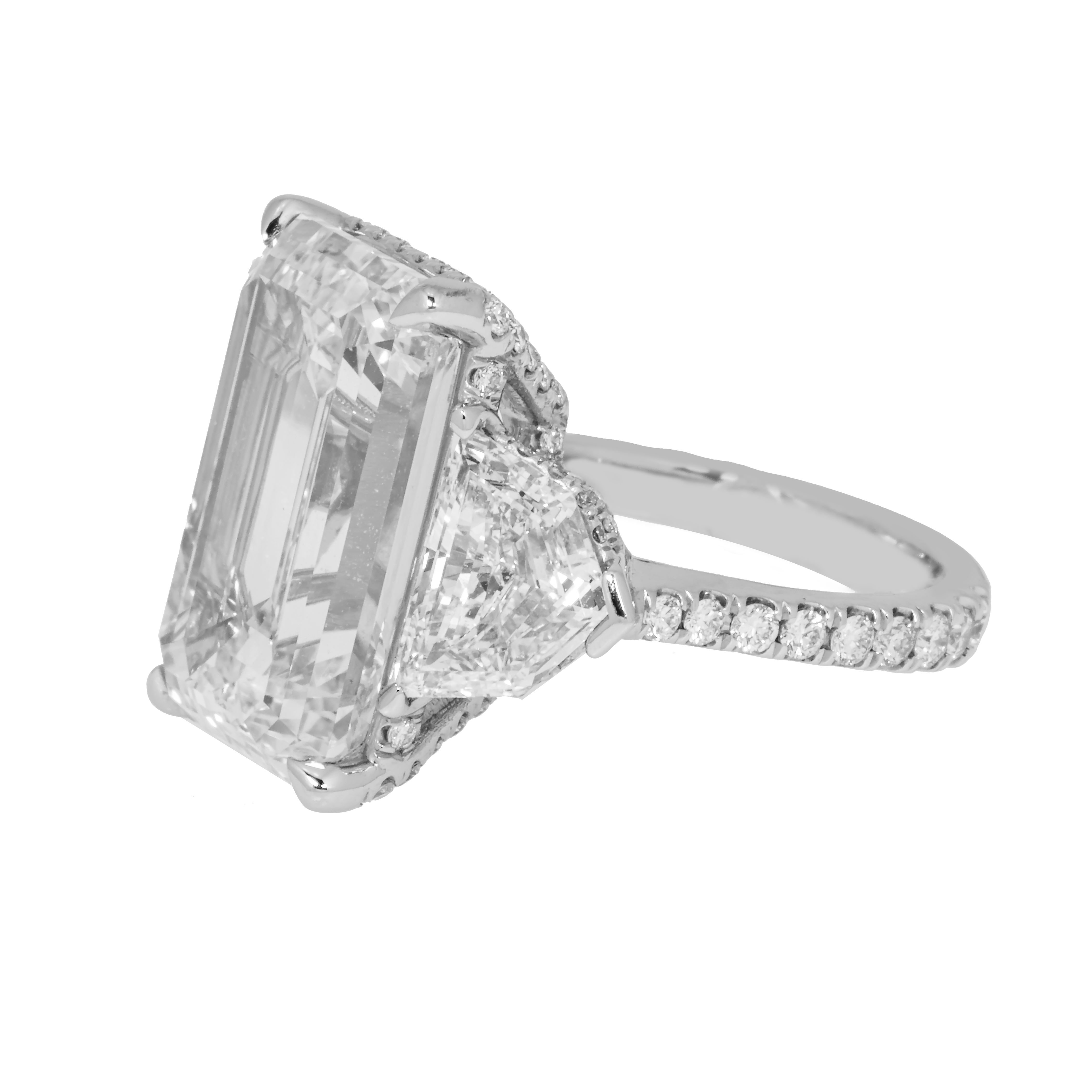 Platinum 14.07Ct Emerald Cut Triple Diamond Engagement Ring 18.08Ctw Bridal