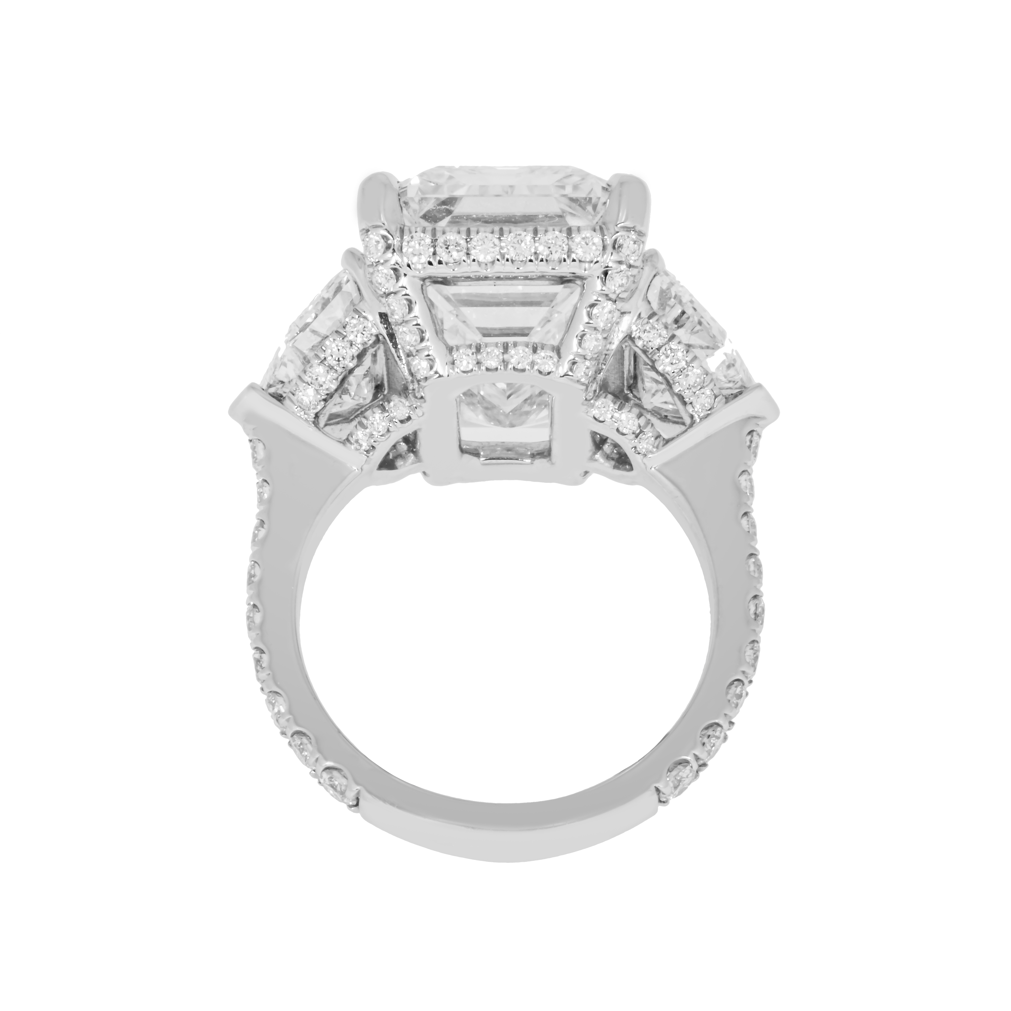 Platinum 14.07Ct Emerald Cut Triple Diamond Engagement Ring 18.08Ctw Bridal