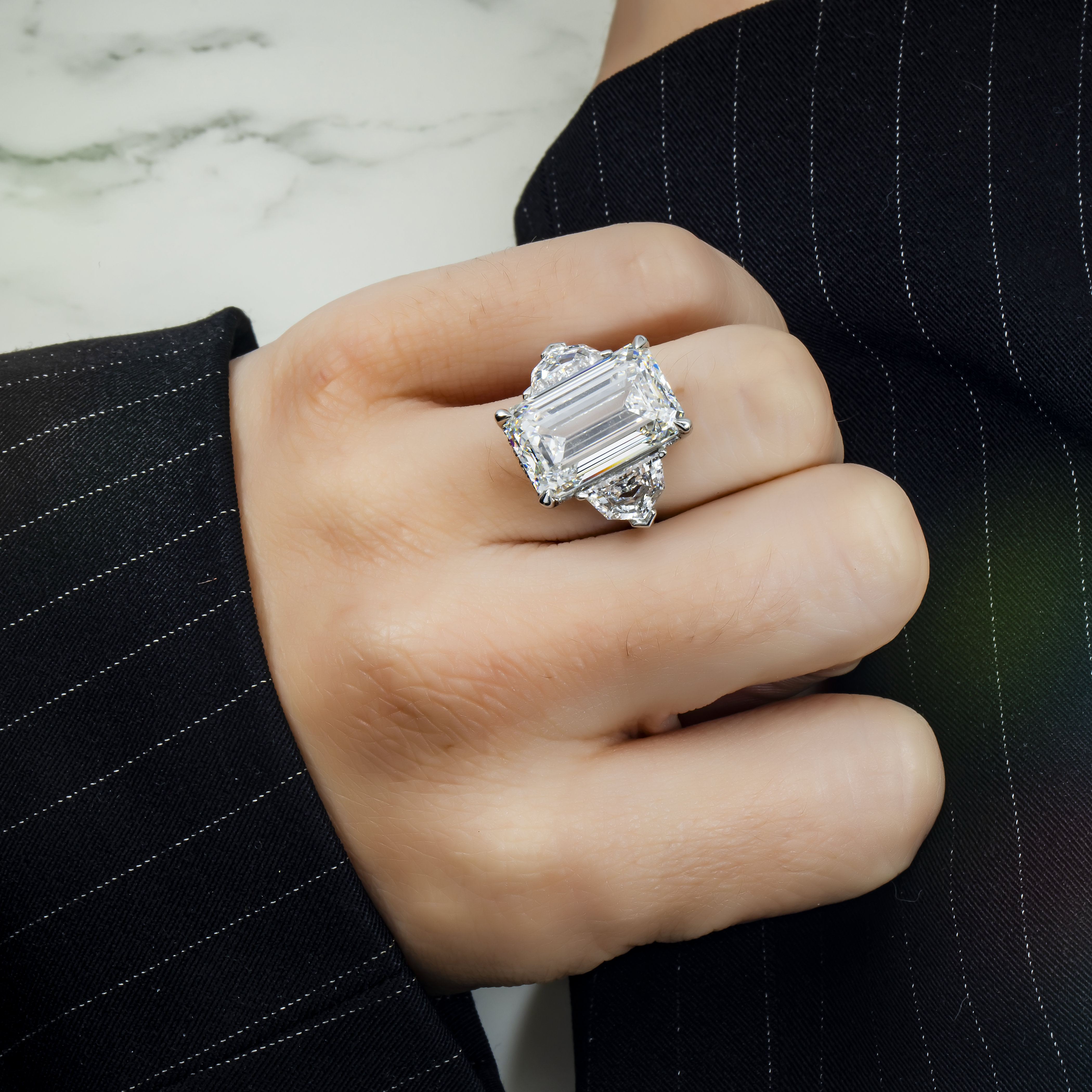 Platinum 14.07Ct Emerald Cut Triple Diamond Engagement Ring 18.08Ctw Bridal