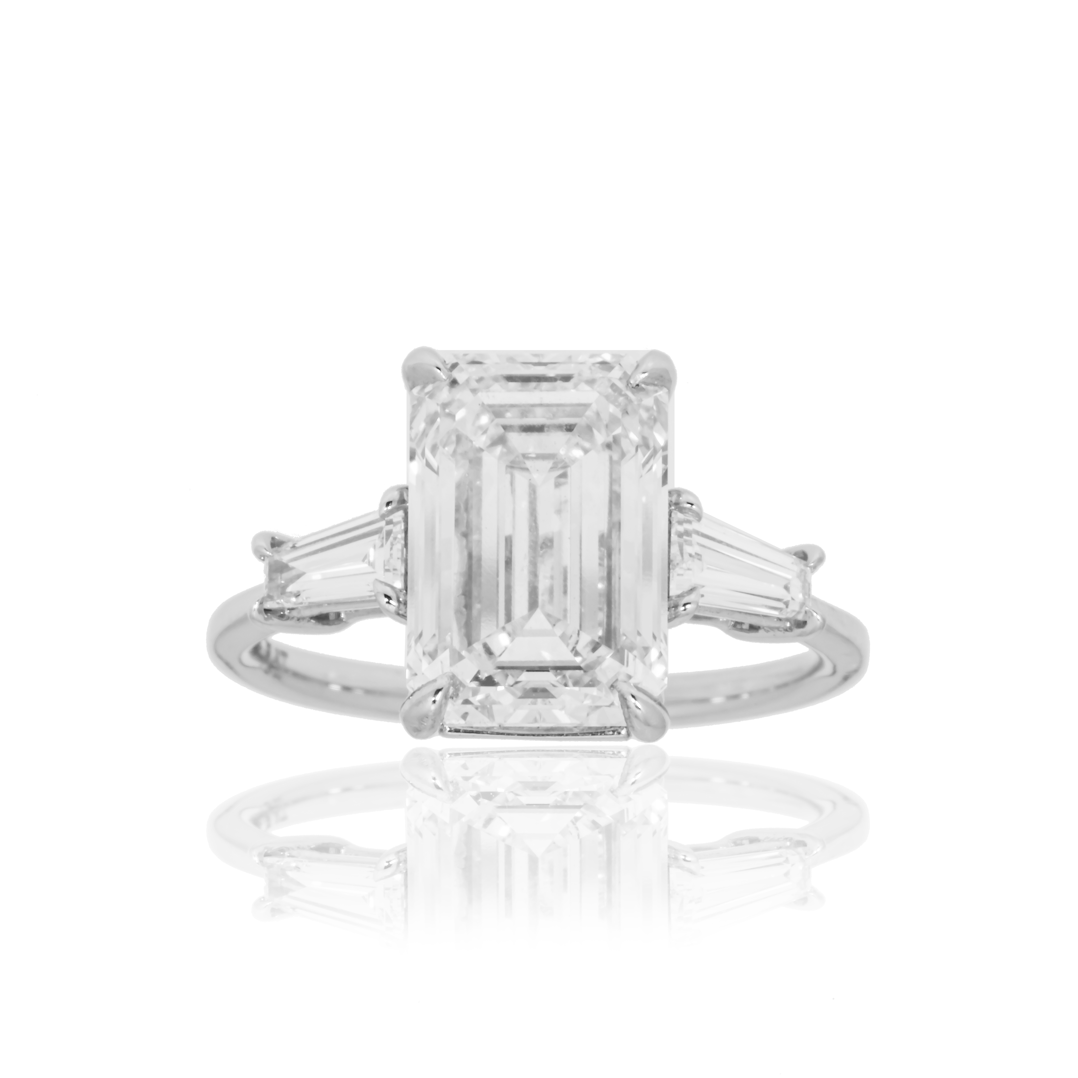 Platinum 4.73Ct Emerald Cut Triple Diamond Engagement Ring 5.15Ctw Bridal