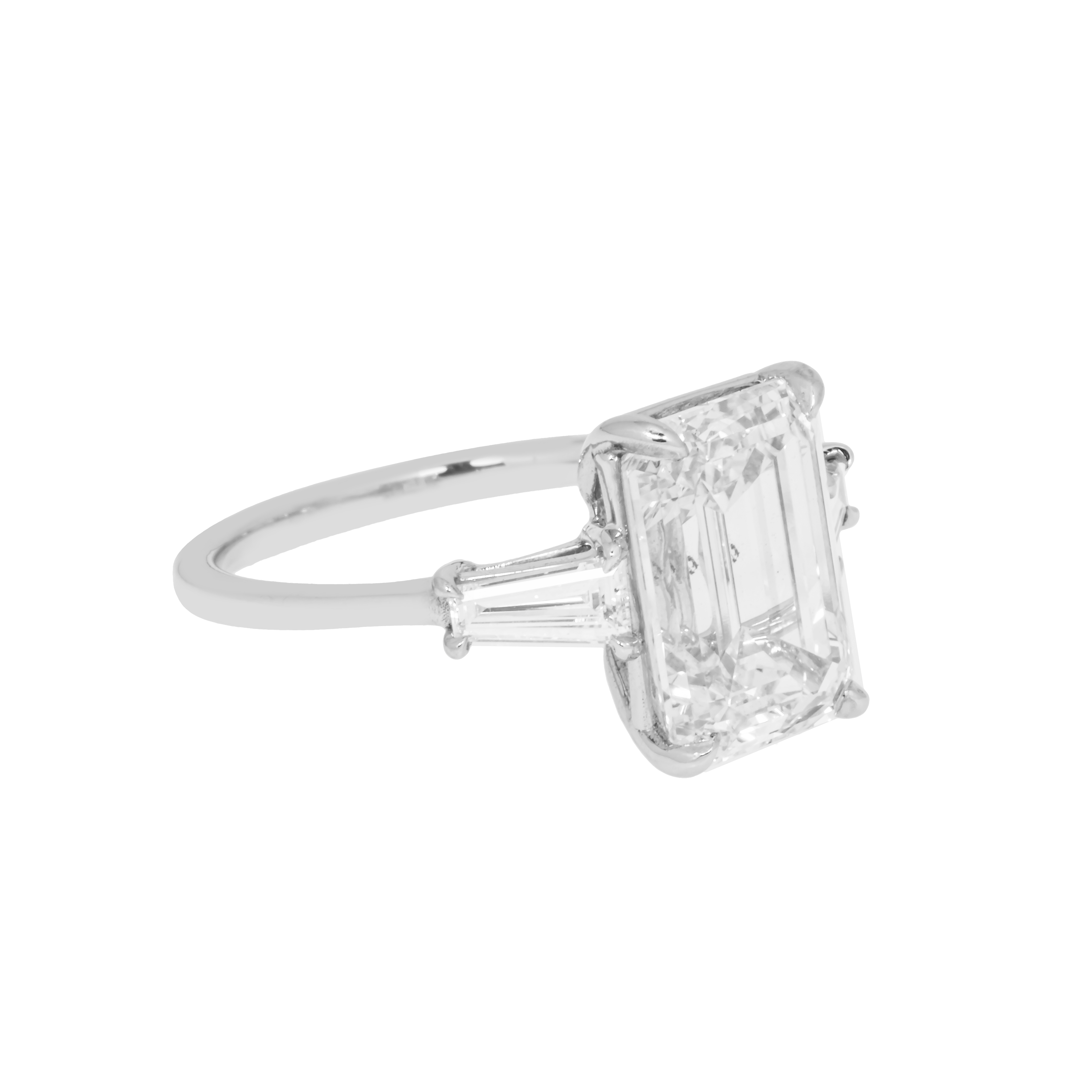 Platinum 4.73Ct Emerald Cut Triple Diamond Engagement Ring 5.15Ctw Bridal