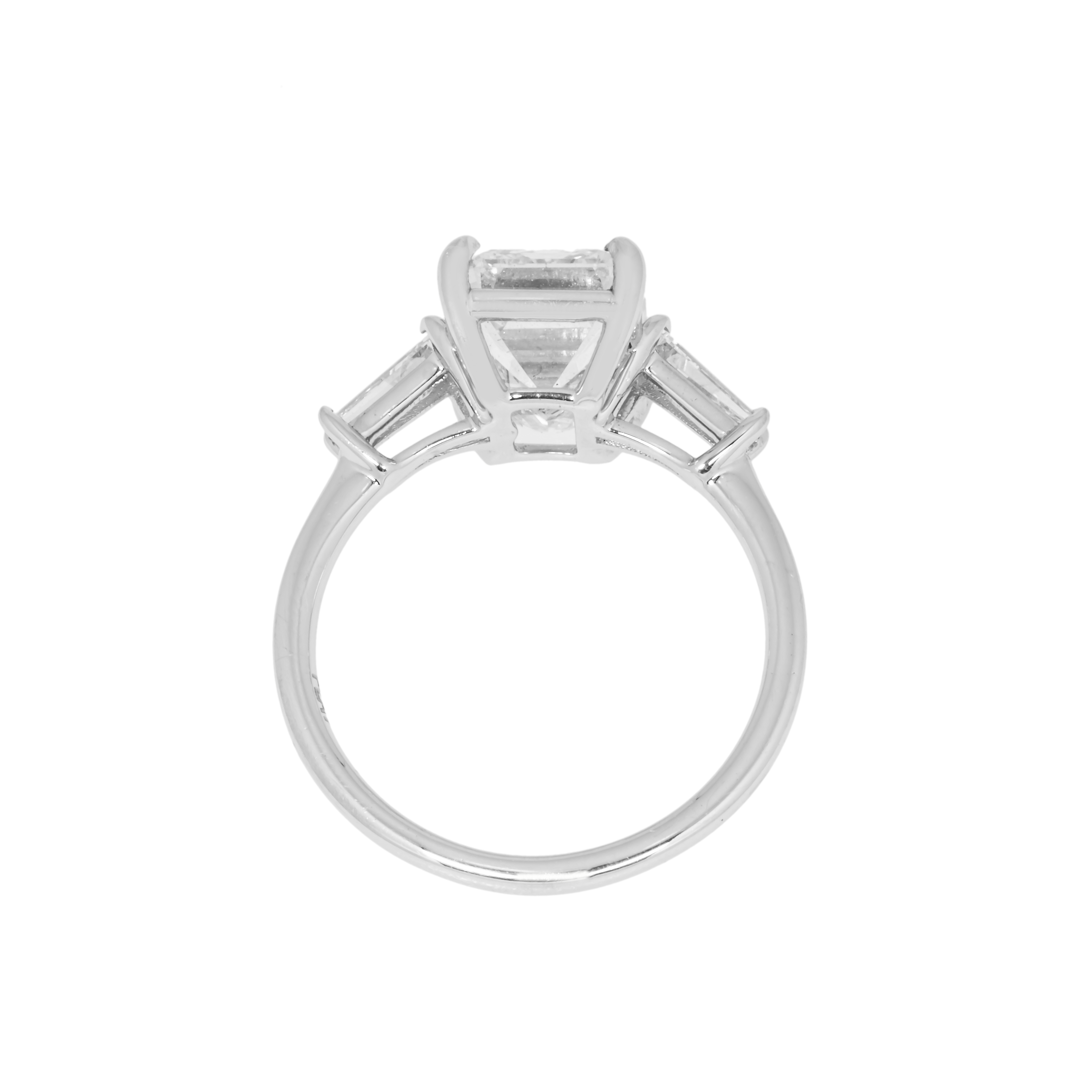 Platinum 4.73Ct Emerald Cut Triple Diamond Engagement Ring 5.15Ctw Bridal