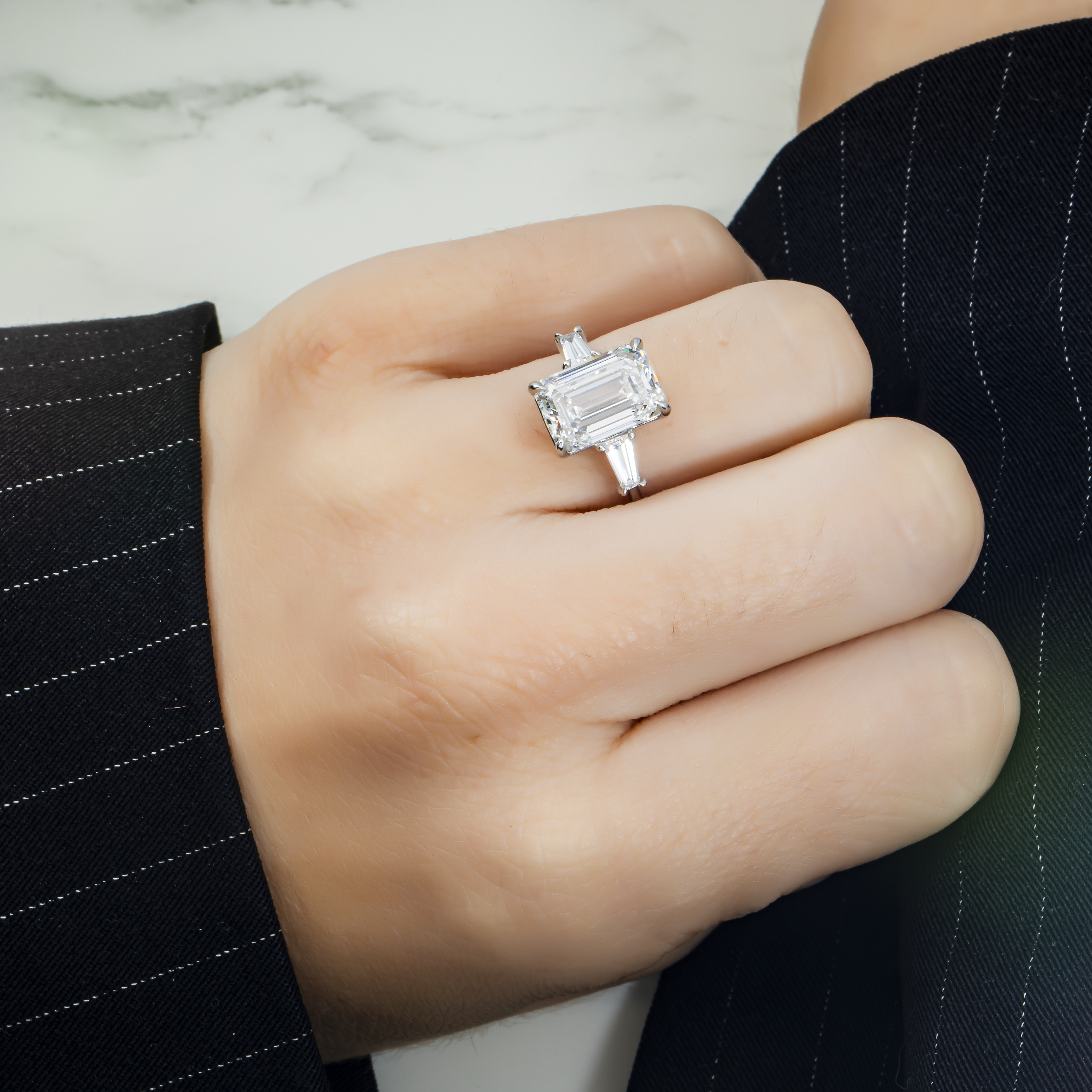 Platinum 4.73Ct Emerald Cut Triple Diamond Engagement Ring 5.15Ctw Bridal