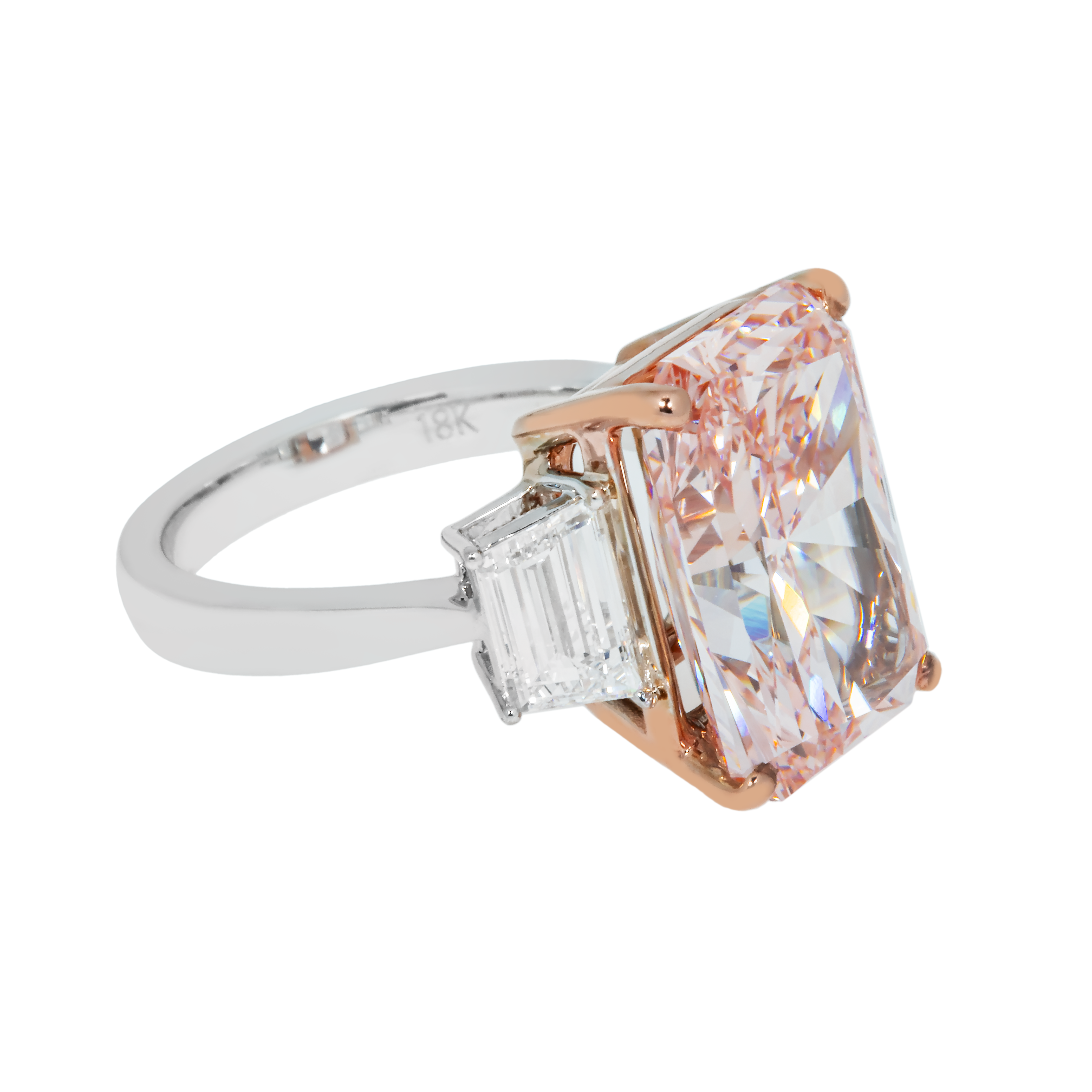 18K White Gold 9.03Ct Radiant Cut Fancy Vivid Pink Diamond Ring 10.73Ctw Bridal