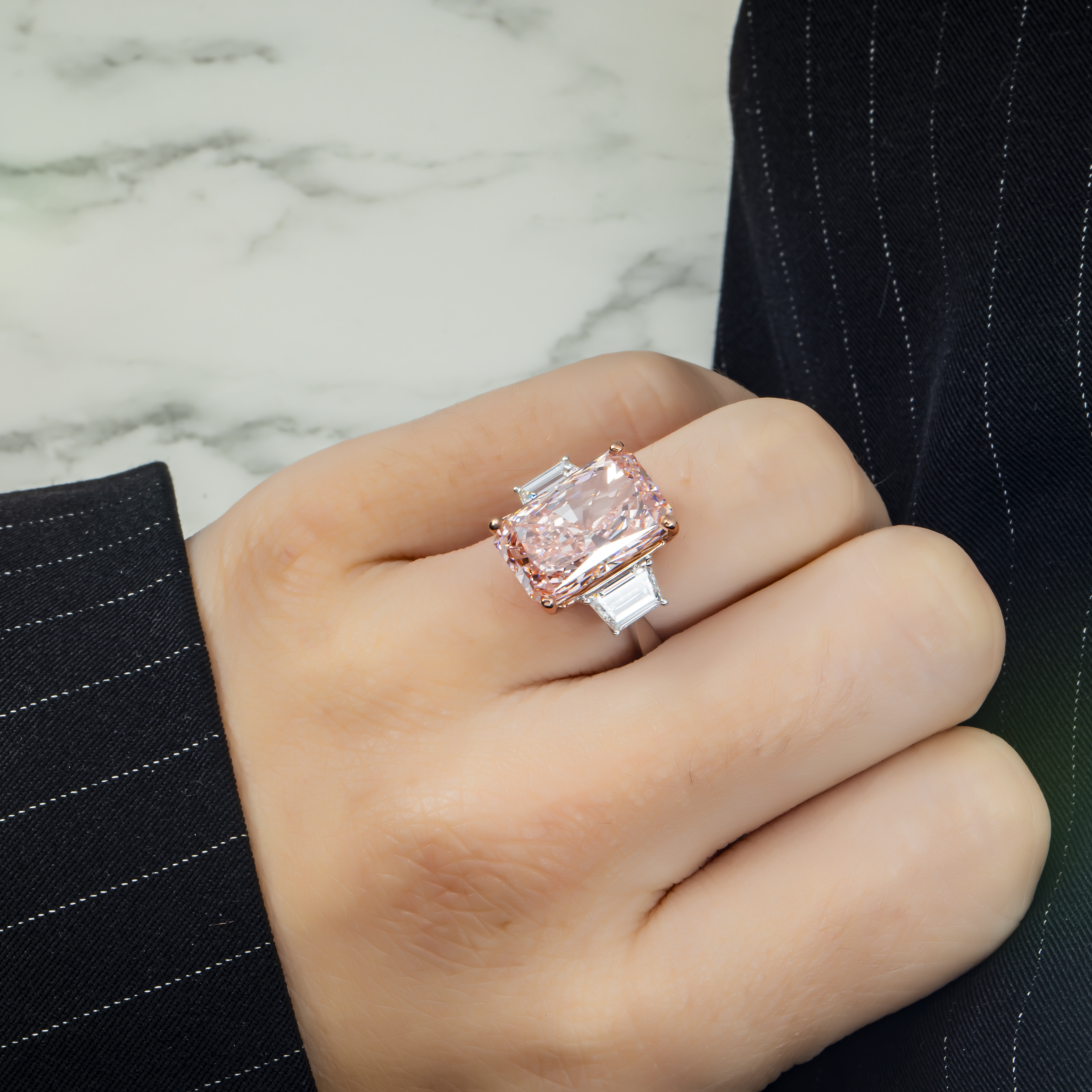 18K White Gold 9.03Ct Radiant Cut Fancy Vivid Pink Diamond Ring 10.73Ctw Bridal