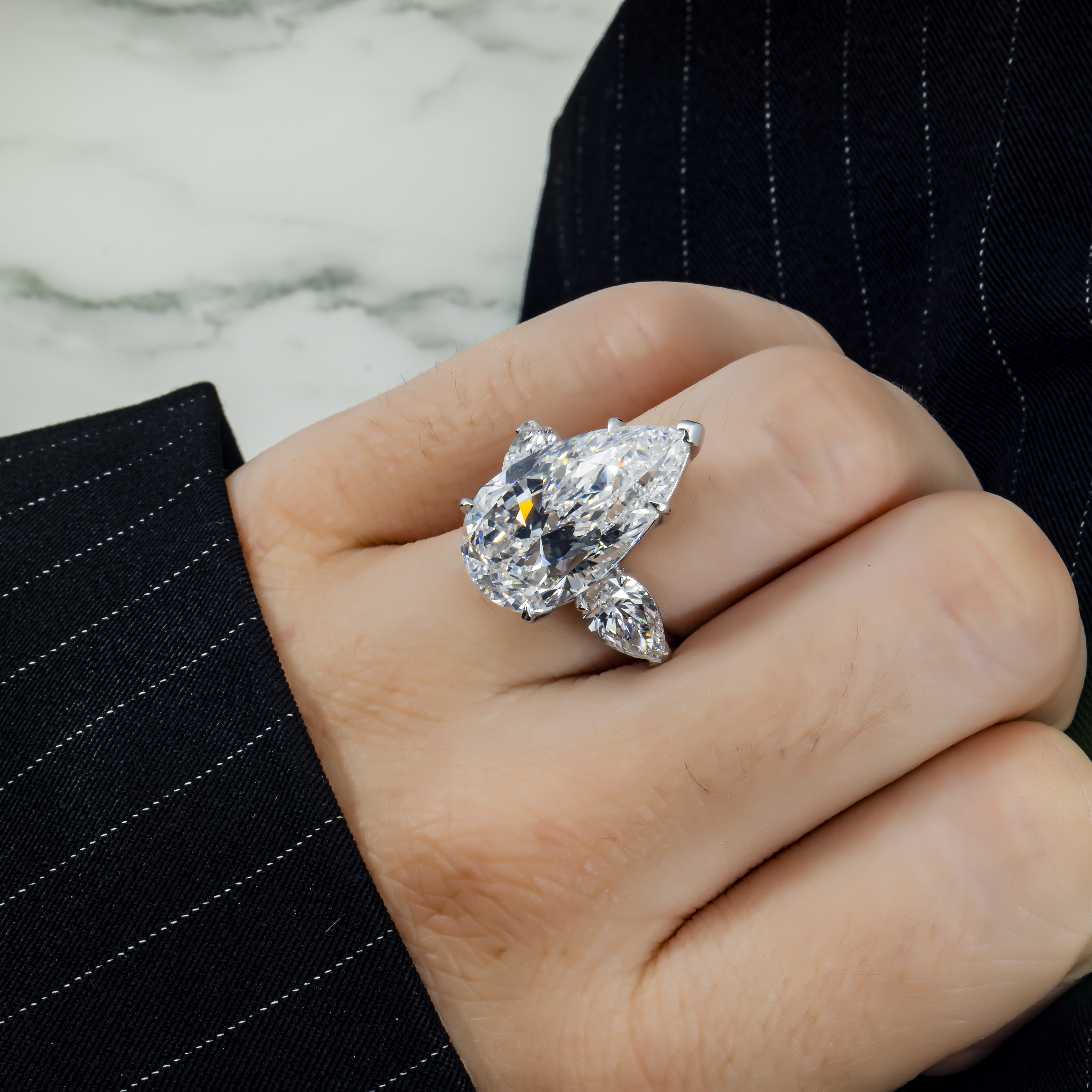 Gia Platinum 13.57Ct Triple Pear Cut Diamond Engagement Ring 15.61Ctw Bridal