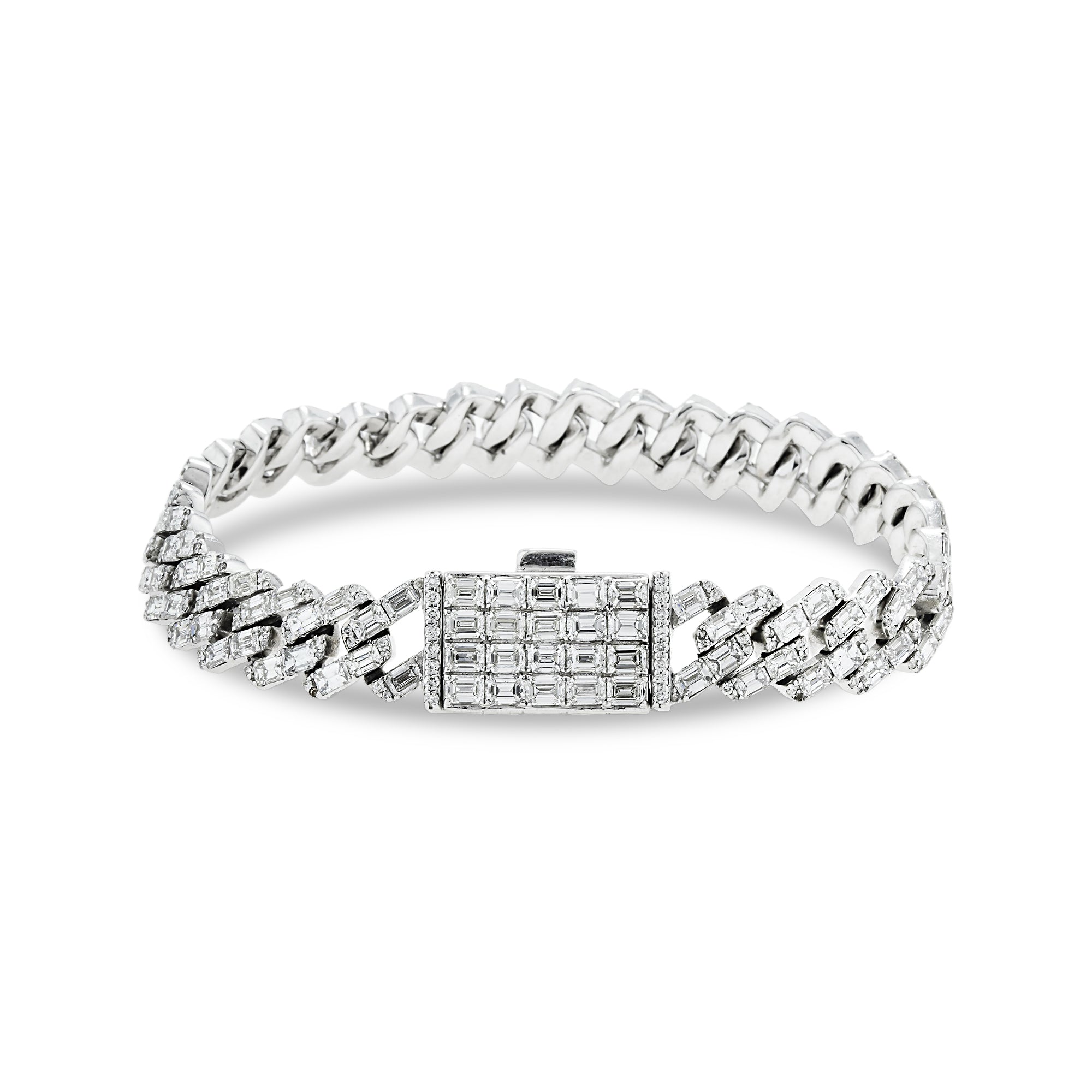 14K White Gold 10Mm Emerald Cut Diamond Cuban Link Bracelet 17.07Ct Bracelets