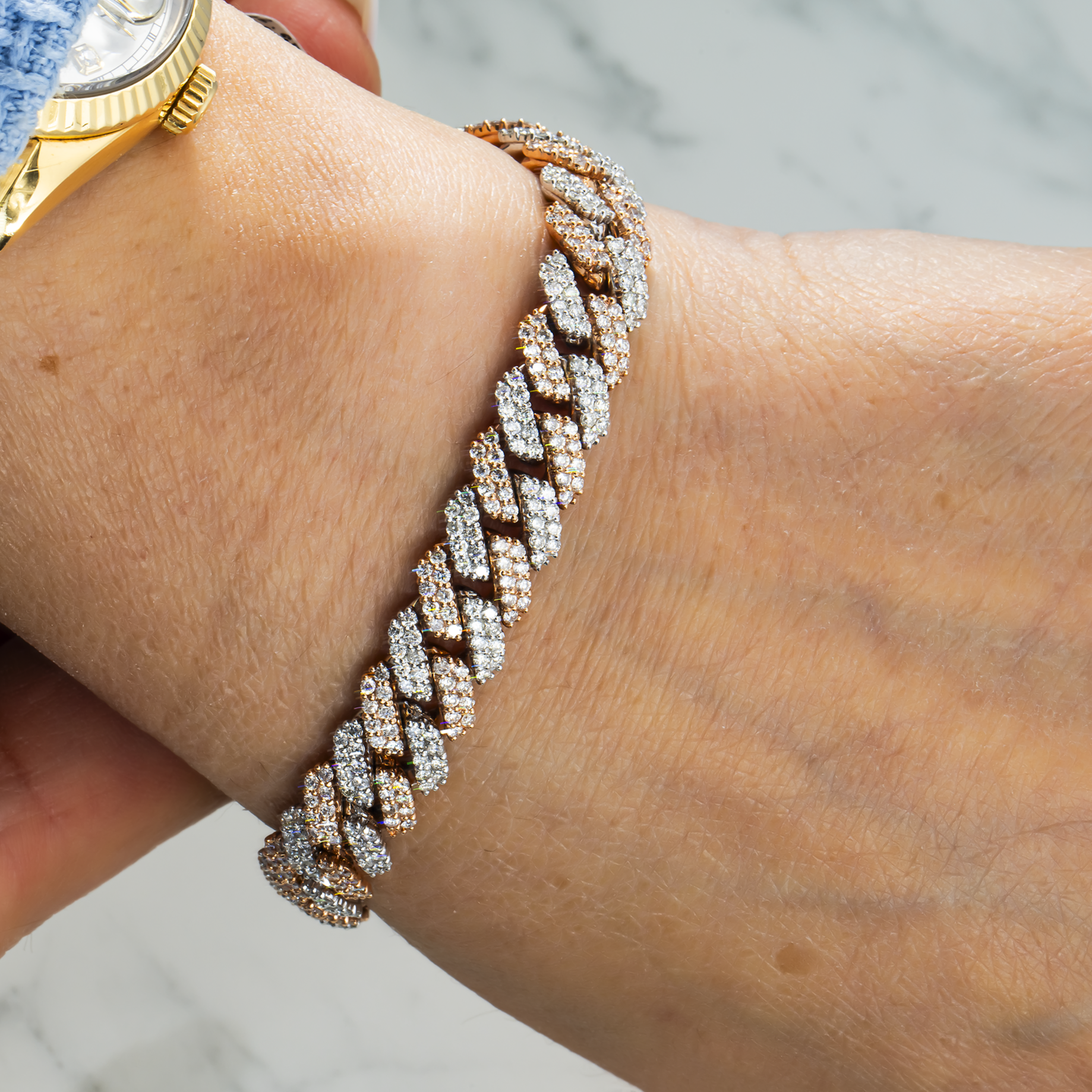 14K Two Tone 10Mm Round Diamond Cuban Link Bracelet 8.0Ct Bracelets