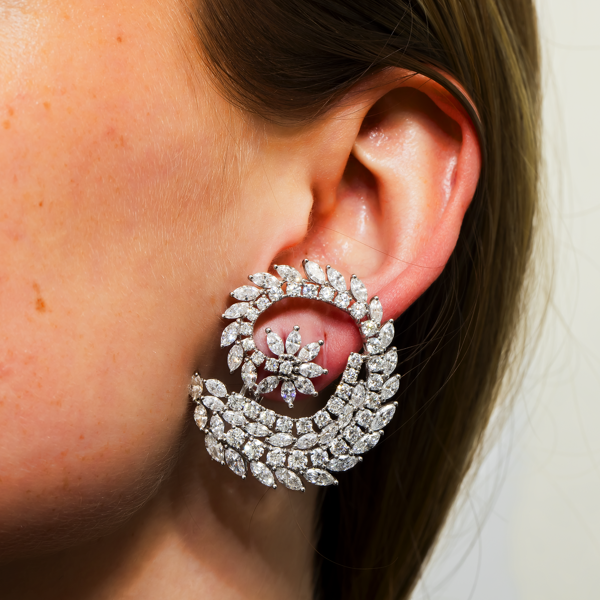 14K White Gold Marquise & Round Spiral Stud Diamond Earrings 12.72ctw