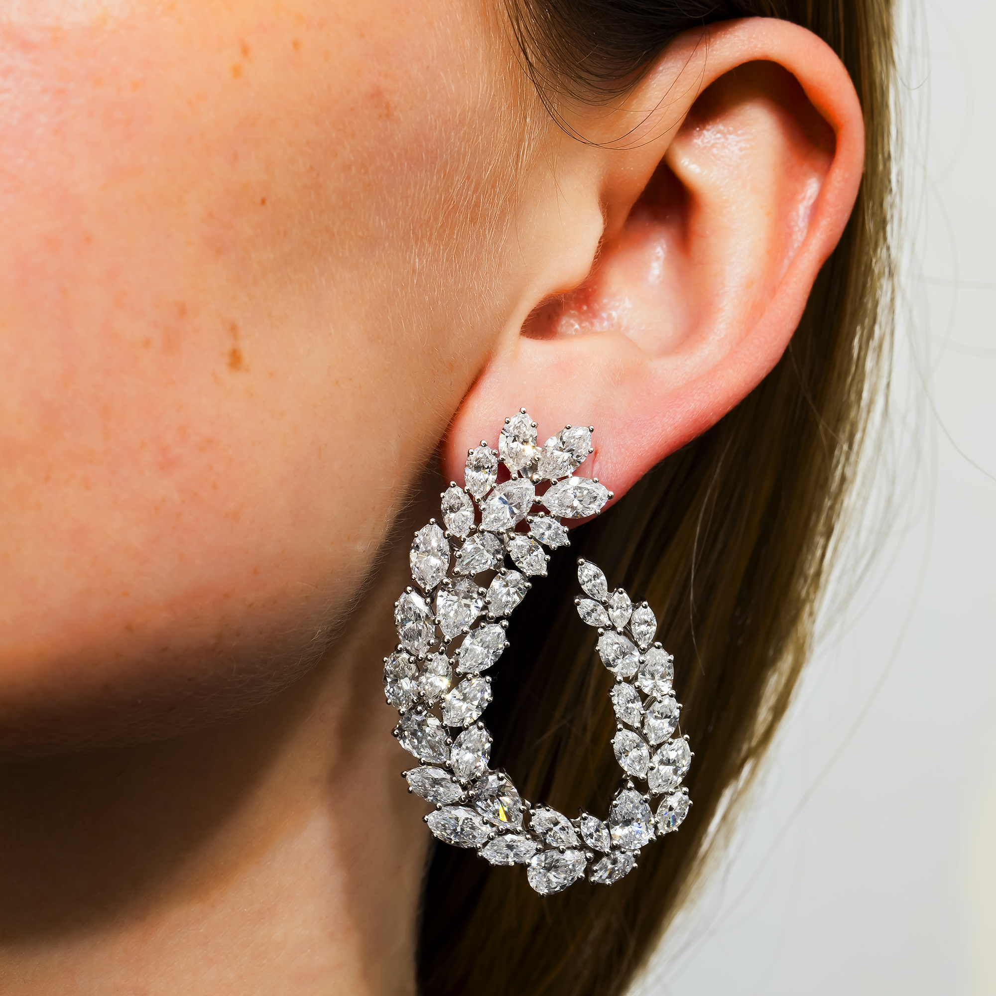 14K White Gold Pear & Marquise Diamond Open Hoop Earrings 22.75ctw