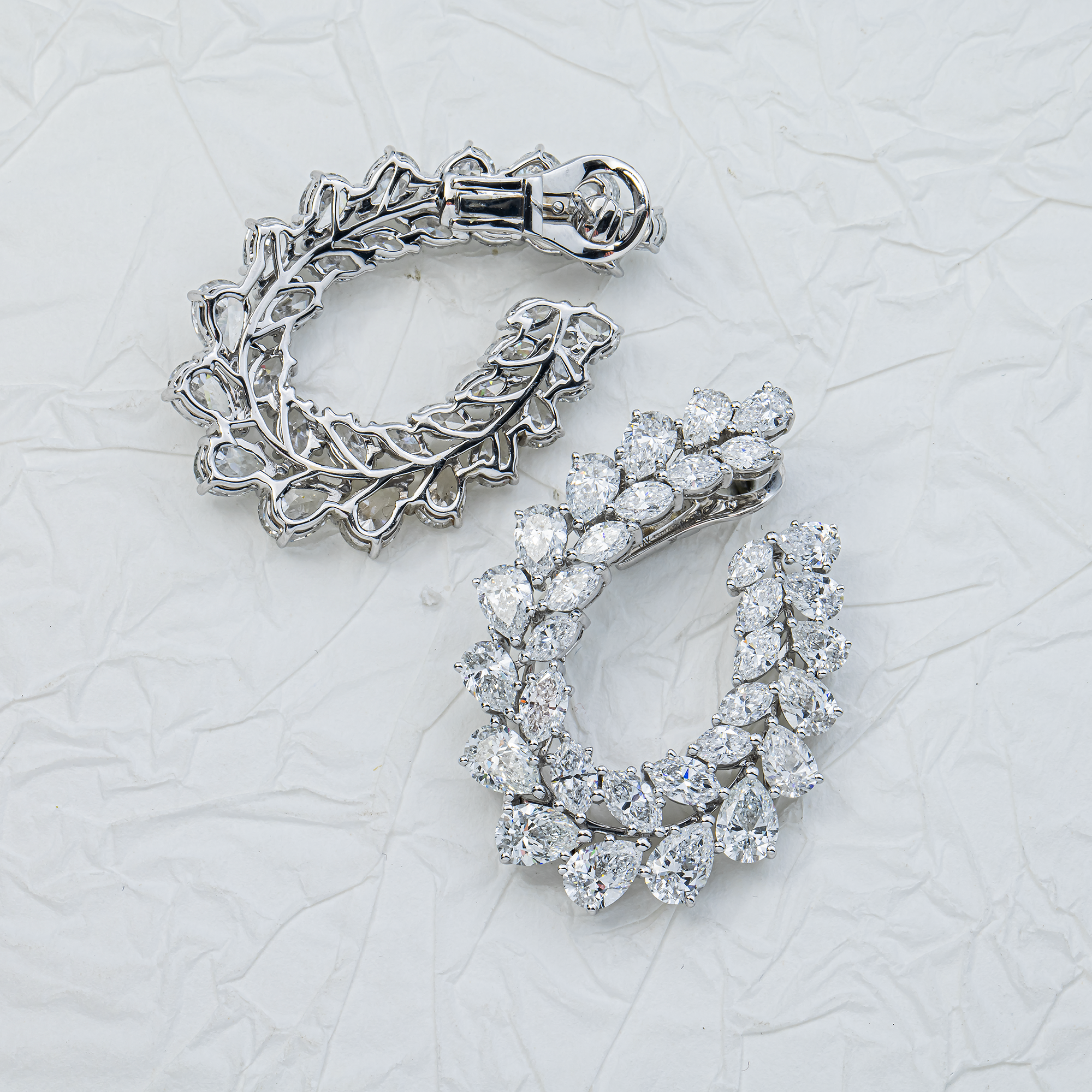 14K White Gold Marquise & Pear Diamond Open Hoop Earrings 14.78ctw