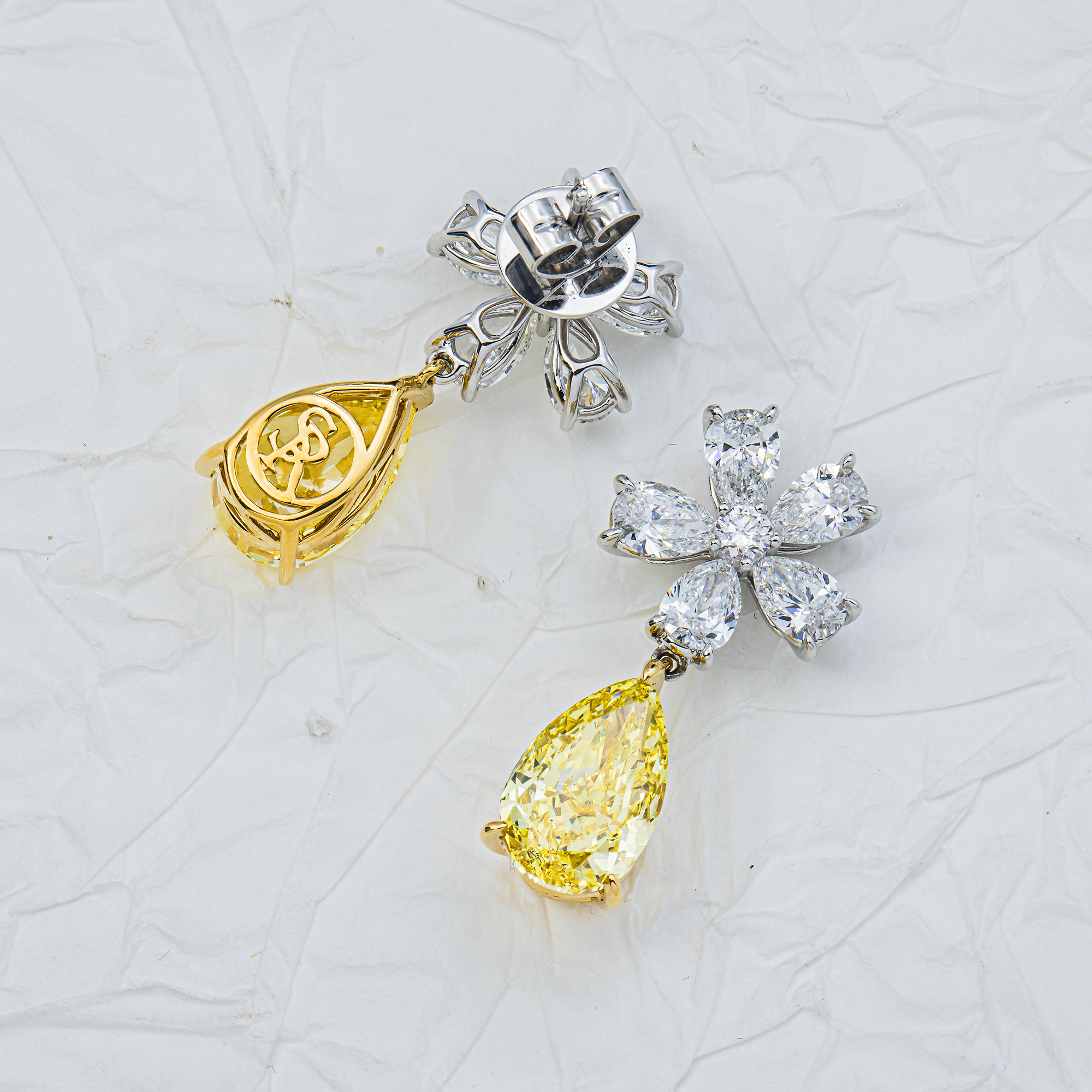 18K White Gold Pear Fancy Yellow Flower Diamond Drop Earrings 11.81ctw