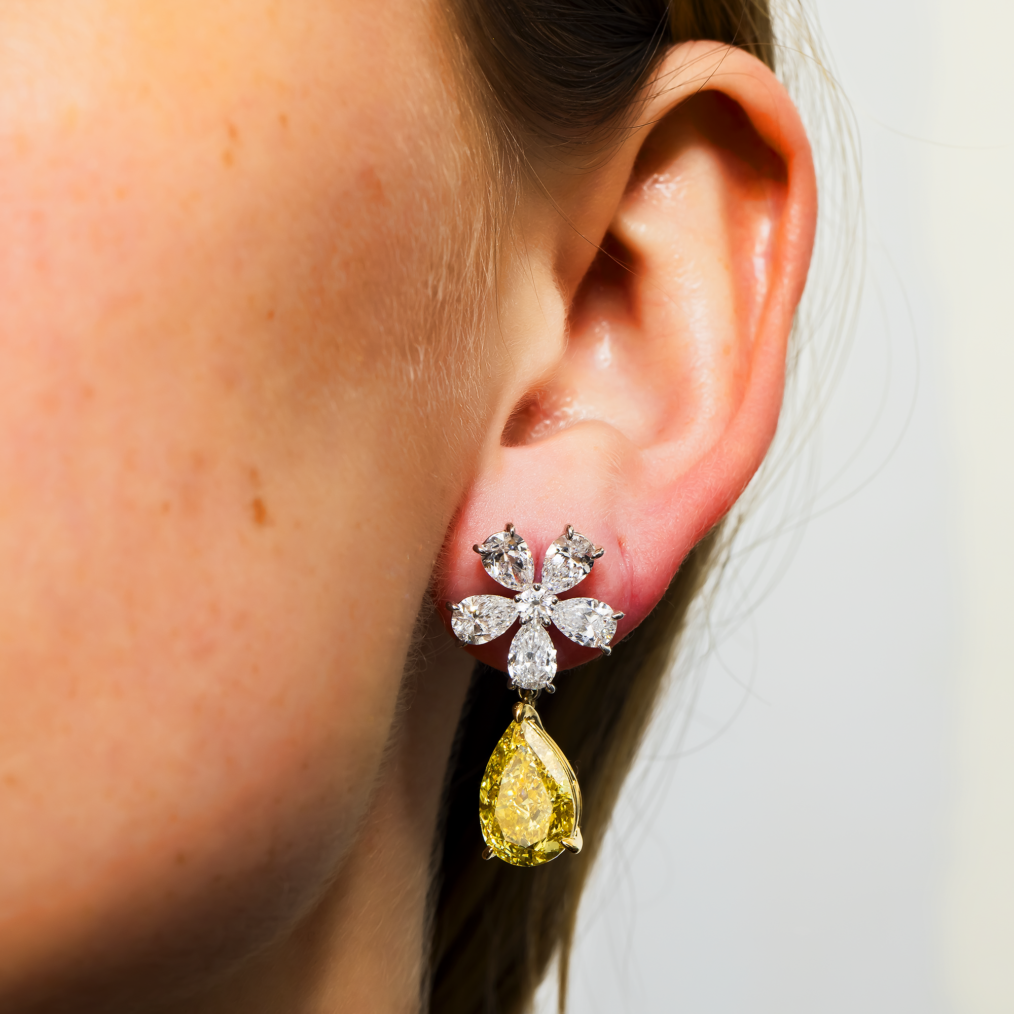 18K White Gold Pear Fancy Yellow Flower Diamond Drop Earrings 11.81ctw