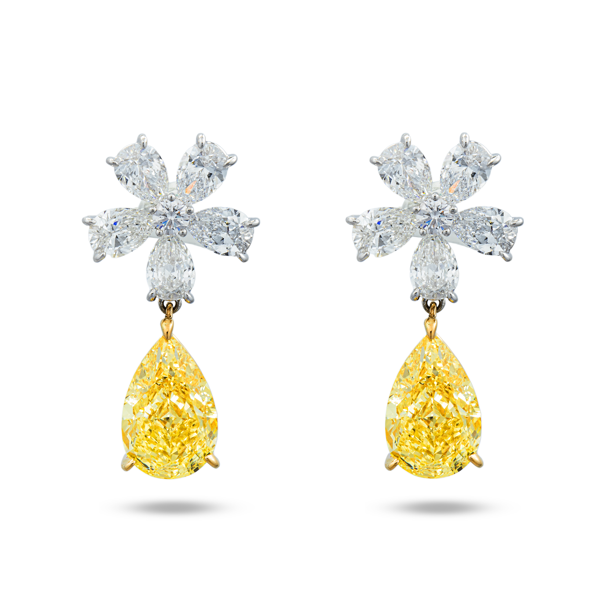 18K White Gold Pear Fancy Yellow Flower Diamond Drop Earrings 11.81ctw