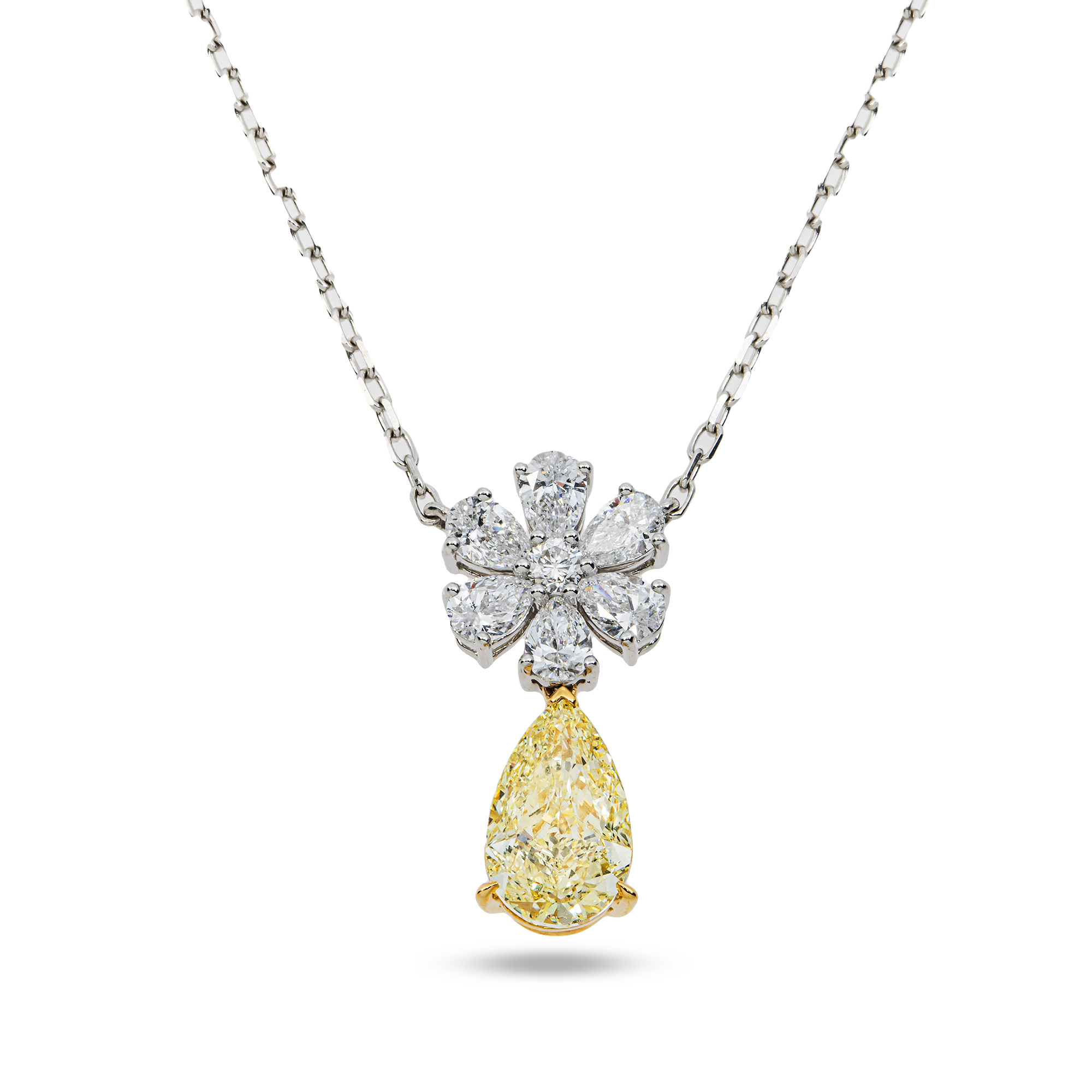18K White Gold Pear Fancy Yellow Flower Diamond Drop Necklace 3.04ctw