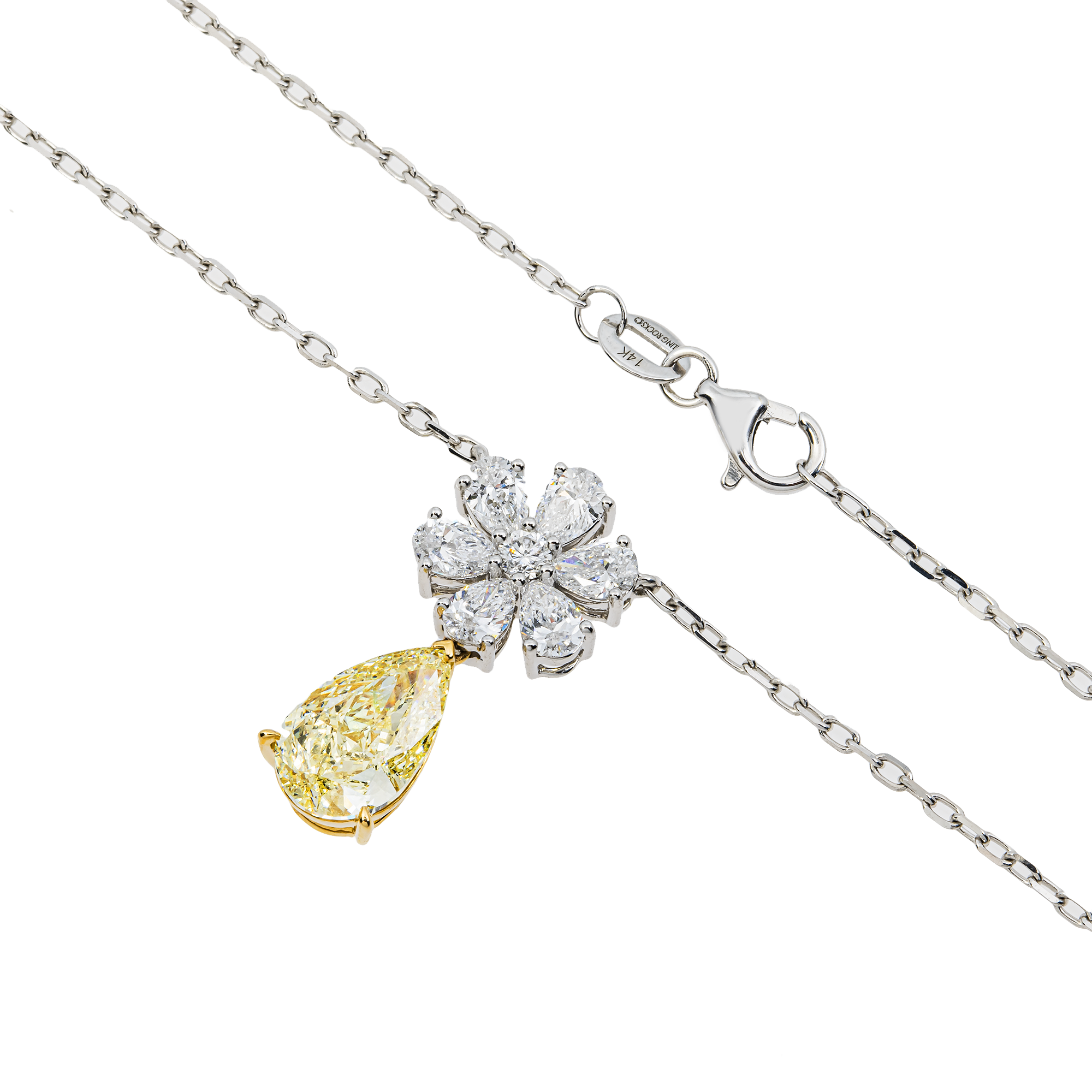18K White Gold Pear Fancy Yellow Flower Diamond Drop Necklace 3.04ctw