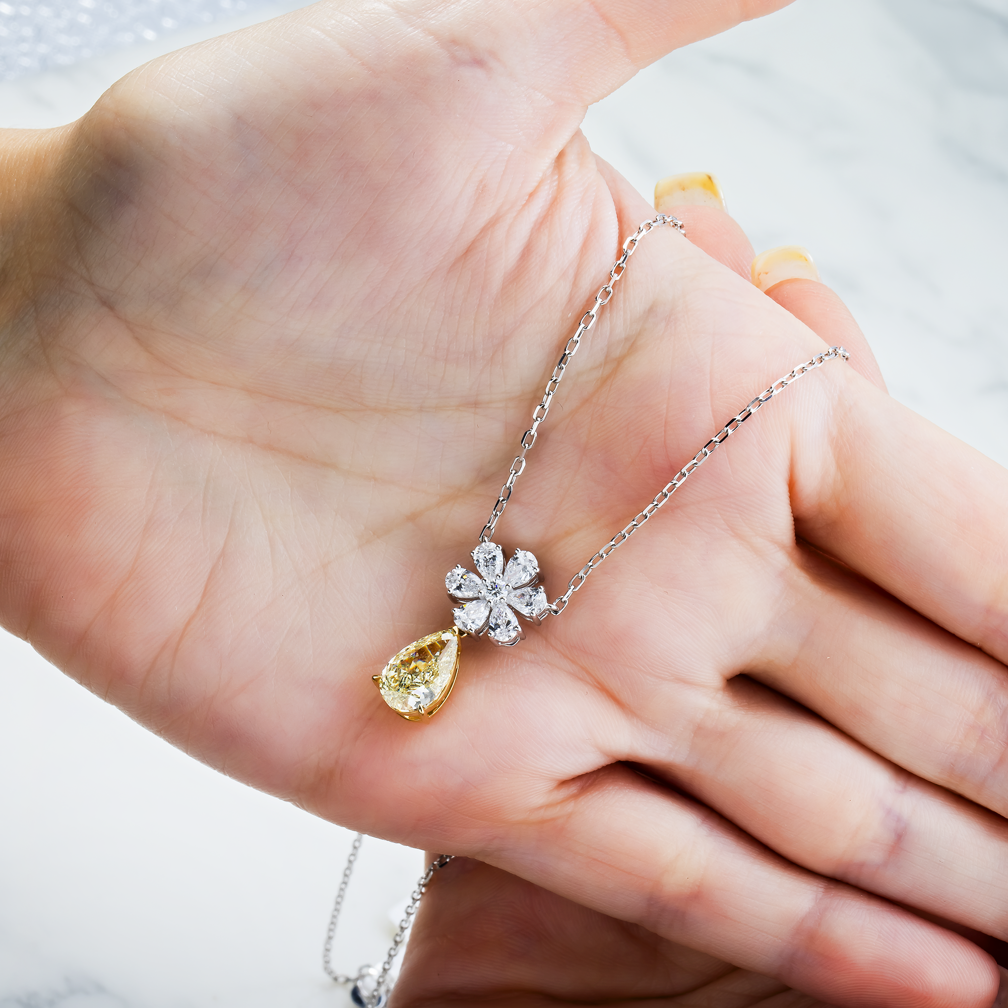 18K White Gold Pear Fancy Yellow Flower Diamond Drop Necklace 3.04ctw