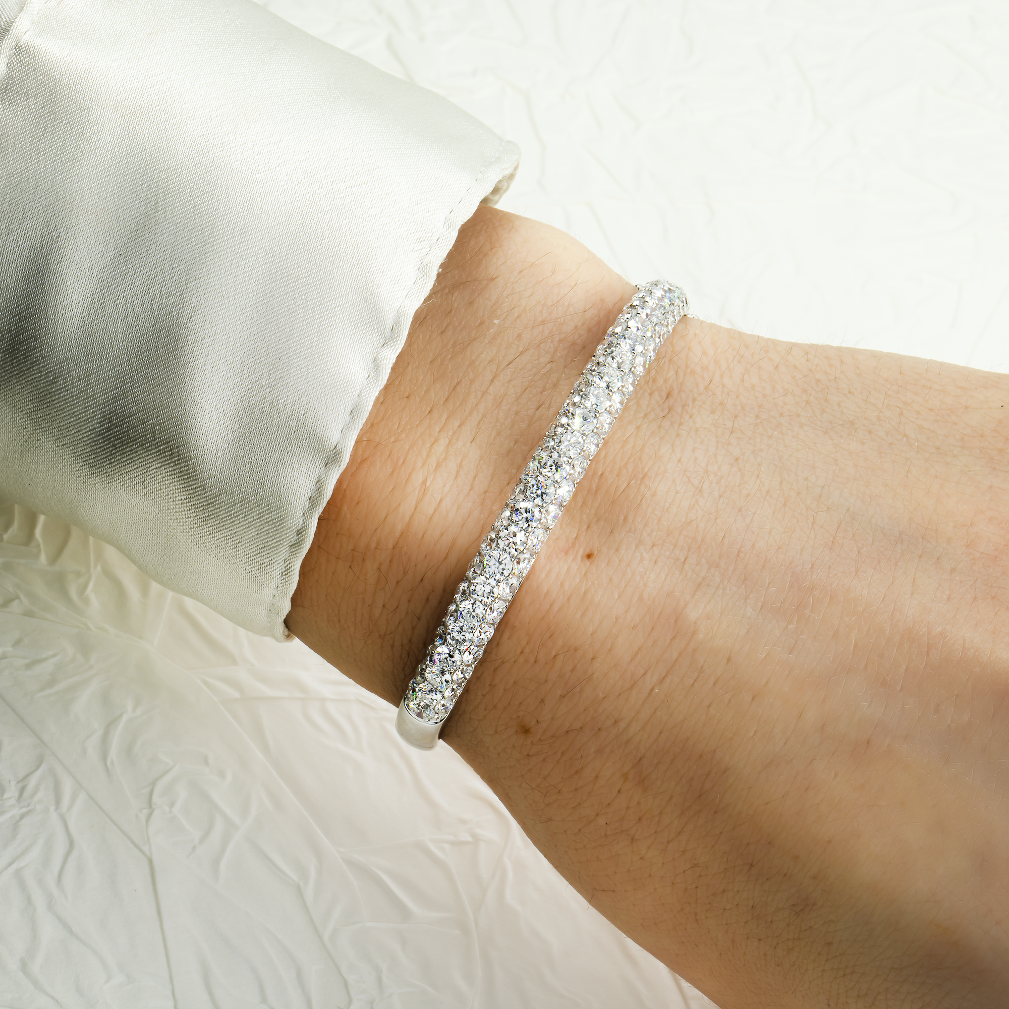 White Gold Triple Row Pave Set Round Diamond Bangle Bracelet 6.03ctw