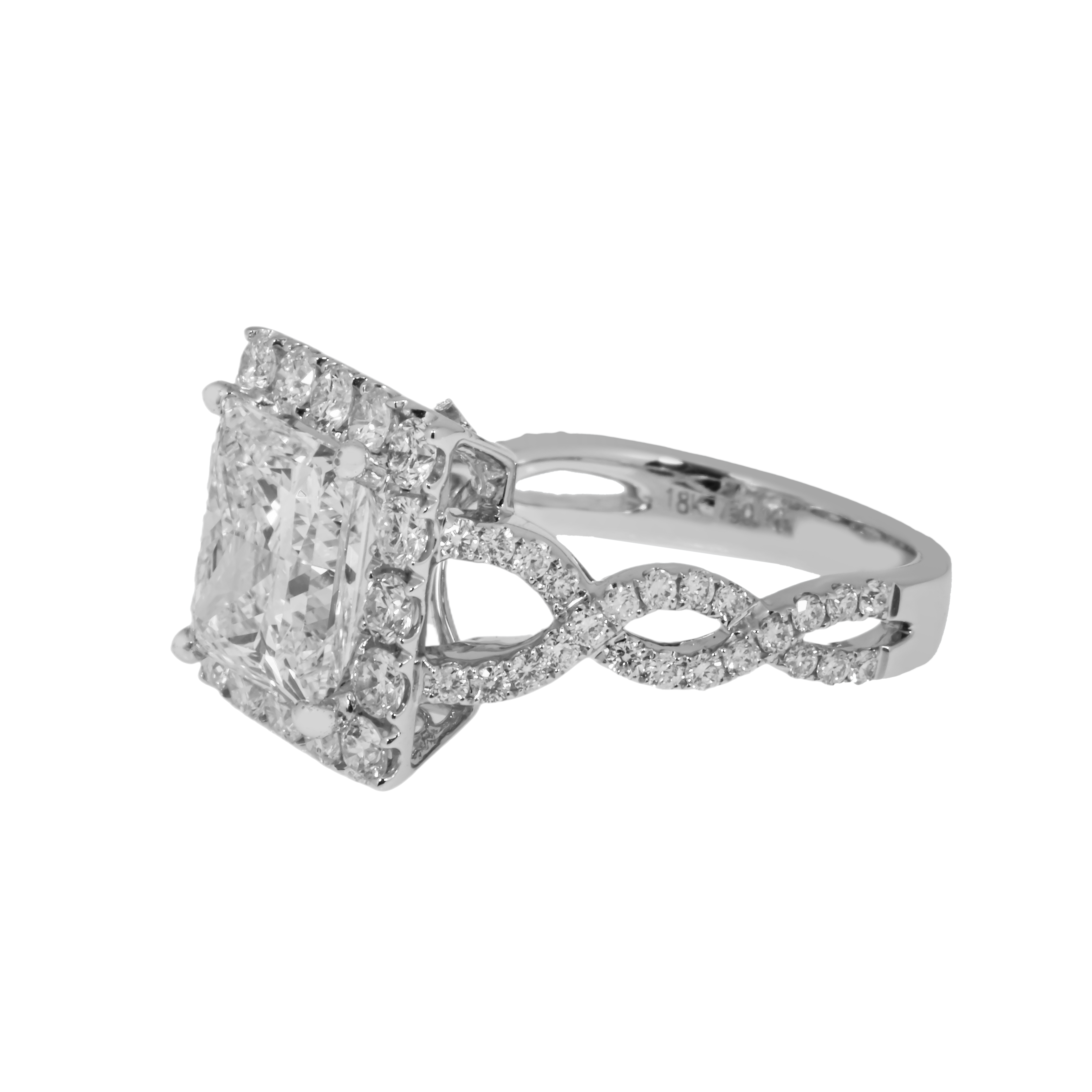 18K White Gold 4Ct Princess Cut Diamond Engagement Ring W/ Halo 5.32Ctw Bridal