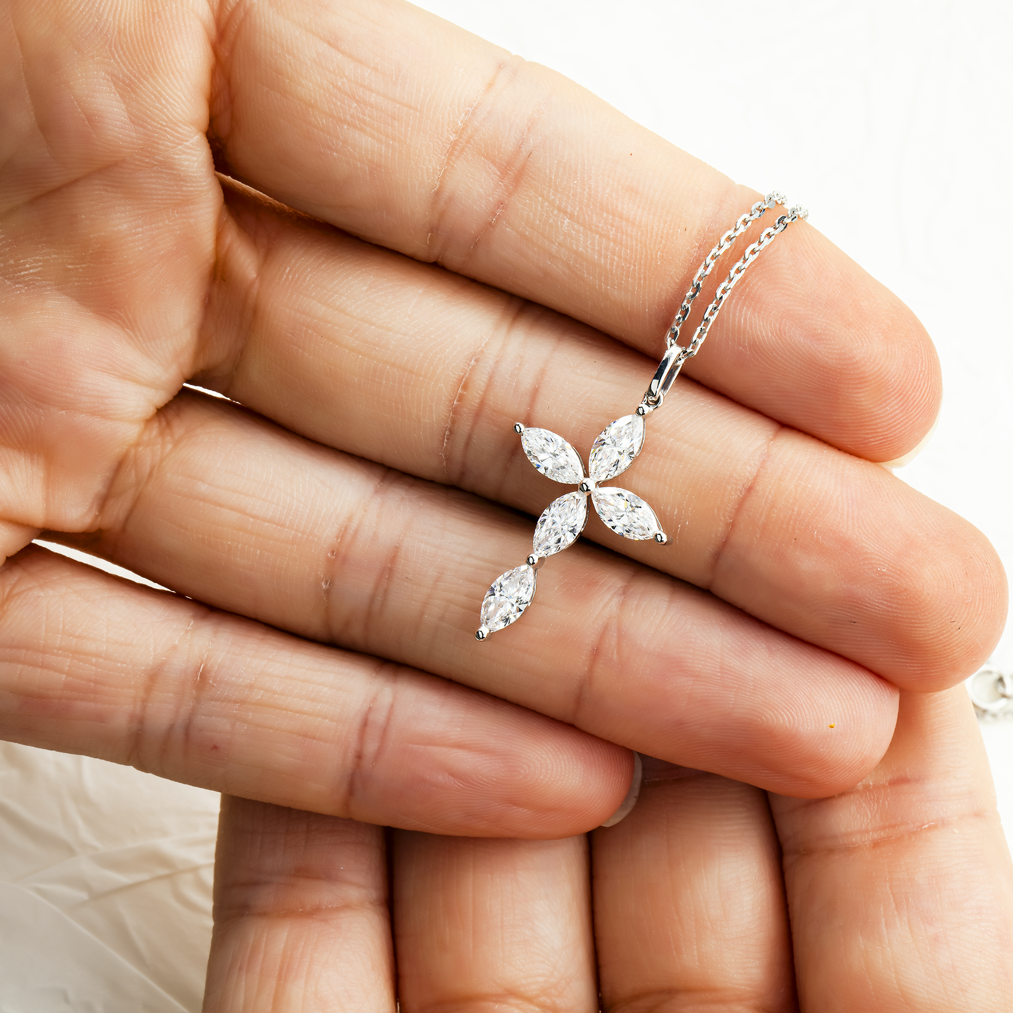 White Gold Marquise Cut Diamond Cross Pendant & Chain Necklace 1.48ct